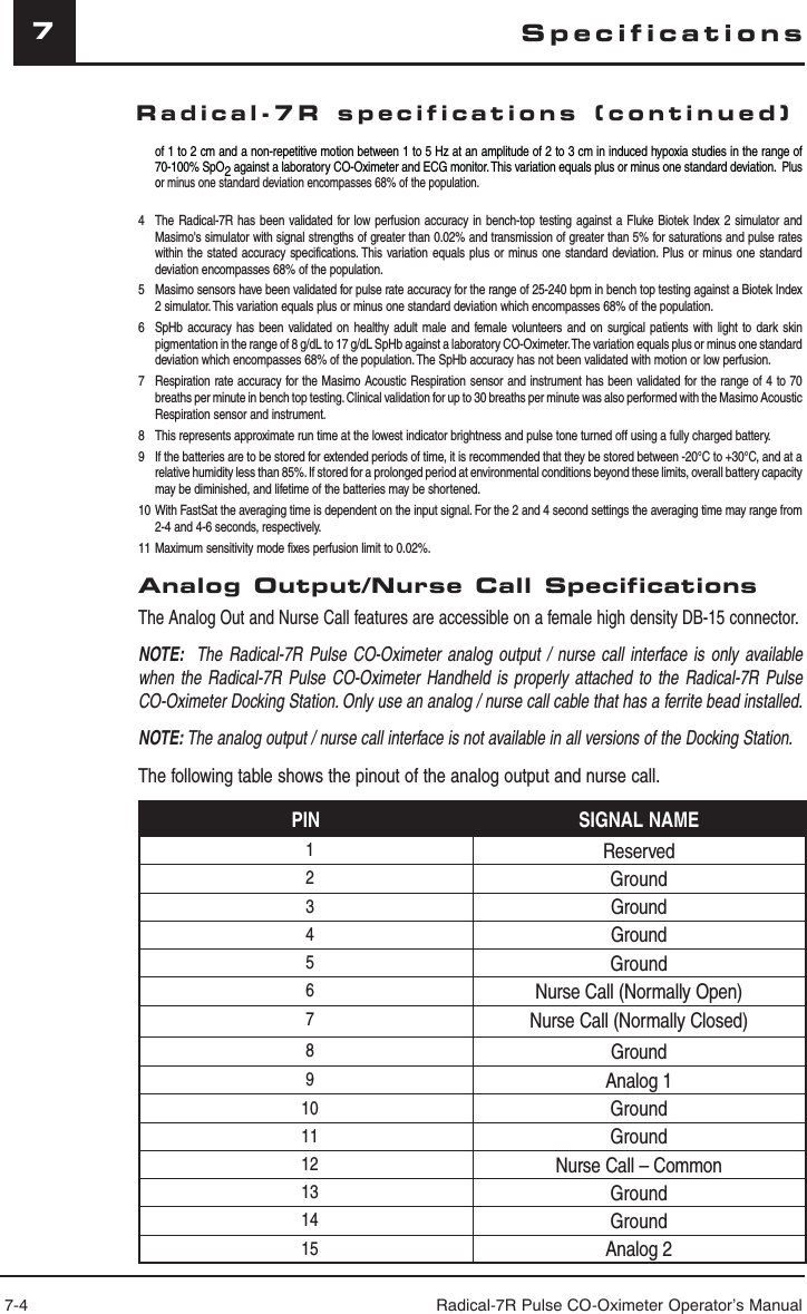 7-4 Radical-7R Pulse CO-Oximeter Operator’s Manual7of 1 to 2 cm and a non-repetitive motion between 1 to 5 Hz at an amplitude of 2 to 3 cm in induced hypoxia studies in the range of 70-100% SpO2 against a laboratory CO-Oximeter and ECG monitor. This variation equals plus or minus one standard deviation.  Plus or minus one standard deviation encompasses 68% of the population.4  The Radical-7R has been validated for low perfusion accuracy in bench-top testing against a Fluke Biotek Index 2 simulator and Masimo&apos;s simulator with signal strengths of greater than 0.02% and transmission of greater than 5% for saturations and pulse rates within the stated accuracy specifications. This variation equals plus or minus one standard deviation. Plus or minus one standard deviation encompasses 68% of the population.5  Masimo sensors have been validated for pulse rate accuracy for the range of 25-240 bpm in bench top testing against a Biotek Index 2 simulator. This variation equals plus or minus one standard deviation which encompasses 68% of the population.6  SpHb accuracy has been validated on healthy adult male and female volunteers and on surgical patients with light to dark skin pigmentation in the range of 8 g/dL to 17 g/dL SpHb against a laboratory CO-Oximeter. The variation equals plus or minus one standard deviation which encompasses 68% of the population. The SpHb accuracy has not been validated with motion or low perfusion.7  Respiration rate accuracy for the Masimo Acoustic Respiration sensor and instrument has been validated for the range of 4 to 70 breaths per minute in bench top testing. Clinical validation for up to 30 breaths per minute was also performed with the Masimo Acoustic Respiration sensor and instrument. 8   This represents approximate run time at the lowest indicator brightness and pulse tone turned off using a fully charged battery.9   If the batteries are to be stored for extended periods of time, it is recommended that they be stored between -20°C to +30°C, and at a relative humidity less than 85%. If stored for a prolonged period at environmental conditions beyond these limits, overall battery capacity may be diminished, and lifetime of the batteries may be shortened.10  With FastSat the averaging time is dependent on the input signal. For the 2 and 4 second settings the averaging time may range from 2-4 and 4-6 seconds, respectively.11 Maximum sensitivity mode fixes perfusion limit to 0.02%.Analog Output/Nurse Call SpecificationsThe Analog Out and Nurse Call features are accessible on a female high density DB-15 connector.NOTE:  The Radical-7R Pulse CO-Oximeter analog output / nurse call interface is only available when the Radical-7R Pulse CO-Oximeter Handheld is properly attached to the Radical-7R Pulse CO-Oximeter Docking Station. Only use an analog / nurse call cable that has a ferrite bead installed.NOTE: The analog output / nurse call interface is not available in all versions of the Docking Station.The following table shows the pinout of the analog output and nurse call.PIN SIGNAL NAME1Reserved2Ground3Ground4Ground5Ground6Nurse Call (Normally Open)7Nurse Call (Normally Closed)8Ground9Analog 110 Ground11 Ground12 Nurse Call – Common13 Ground14 Ground15 Analog 2SpecificationsRadical-7R specifications (continued)