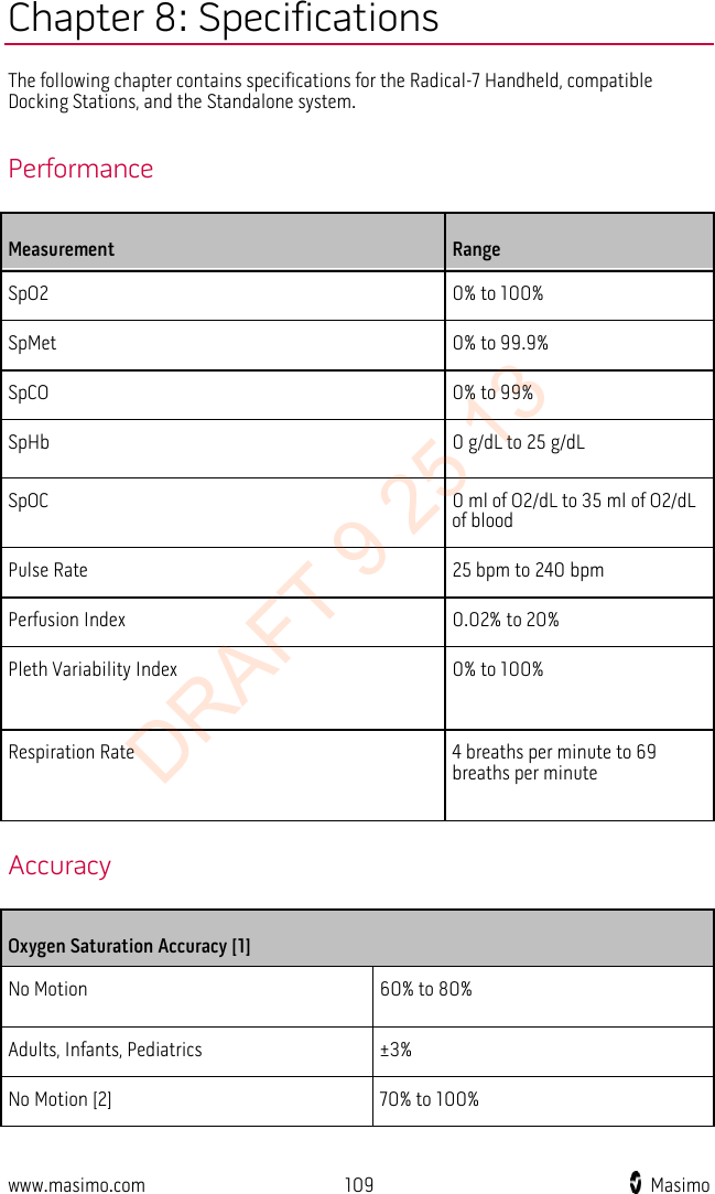  Chapter 8: Specifications The following chapter contains specifications for the Radical-7 Handheld, compatible Docking Stations, and the Standalone system.  Performance Measurement Range SpO2  0% to 100% SpMet 0% to 99.9% SpCO 0% to 99% SpHb 0 g/dL to 25 g/dL SpOC 0 ml of O2/dL to 35 ml of O2/dL of blood Pulse Rate 25 bpm to 240 bpm Perfusion Index 0.02% to 20% Pleth Variability Index 0% to 100% Respiration Rate 4 breaths per minute to 69 breaths per minute   Accuracy Oxygen Saturation Accuracy [1] No Motion 60% to 80% Adults, Infants, Pediatrics ±3% No Motion [2] 70% to 100% www.masimo.com  109    Masimo    DRAFT 9 25 13