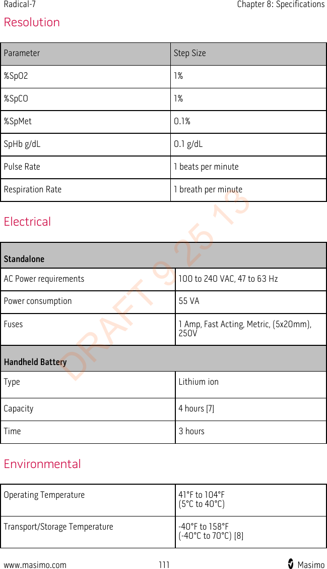 Radical-7    Chapter 8: Specifications  Resolution Parameter Step Size %SpO2  1% %SpCO 1% %SpMet  0.1% SpHb g/dL 0.1 g/dL Pulse Rate 1 beats per minute Respiration Rate 1 breath per minute   Electrical Standalone AC Power requirements 100 to 240 VAC, 47 to 63 Hz Power consumption 55 VA Fuses 1 Amp, Fast Acting, Metric, (5x20mm), 250V Handheld Battery Type Lithium ion Capacity 4 hours [7] Time 3 hours   Environmental Operating Temperature 41°F to 104°F   (5°C to 40°C) Transport/Storage Temperature  -40°F to 158°F   (-40°C to 70°C) [8] www.masimo.com 111    Masimo    DRAFT 9 25 13