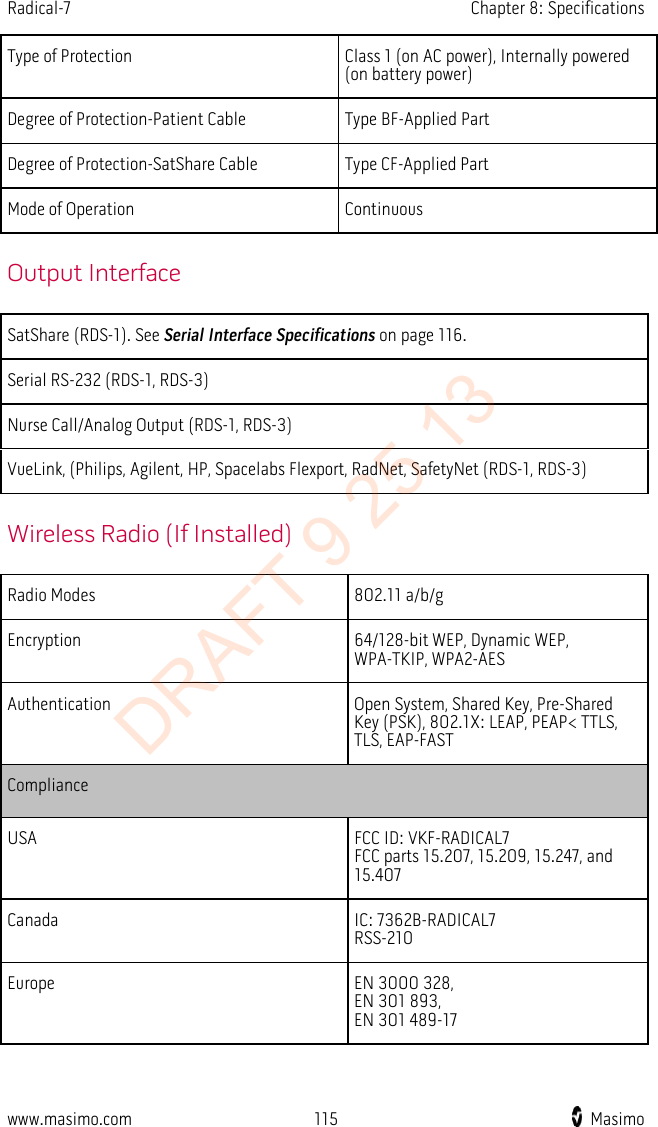 Radical-7    Chapter 8: Specifications  Type of Protection Class 1 (on AC power), Internally powered (on battery power) Degree of Protection-Patient Cable Type BF-Applied Part Degree of Protection-SatShare Cable Type CF-Applied Part Mode of Operation Continuous   Output Interface SatShare (RDS-1). See Serial Interface Specifications on page 116. Serial RS-232 (RDS-1, RDS-3) Nurse Call/Analog Output (RDS-1, RDS-3) VueLink, (Philips, Agilent, HP, Spacelabs Flexport, RadNet, SafetyNet (RDS-1, RDS-3)   Wireless Radio (If Installed) Radio Modes 802.11 a/b/g Encryption 64/128-bit WEP, Dynamic WEP, WPA-TKIP, WPA2-AES Authentication Open System, Shared Key, Pre-Shared Key (PSK), 802.1X: LEAP, PEAP&lt; TTLS, TLS, EAP-FAST Compliance USA FCC ID: VKF-RADICAL7 FCC parts 15.207, 15.209, 15.247, and 15.407 Canada IC: 7362B-RADICAL7 RSS-210 Europe EN 3000 328,   EN 301 893,   EN 301 489-17   www.masimo.com 115    Masimo    DRAFT 9 25 13