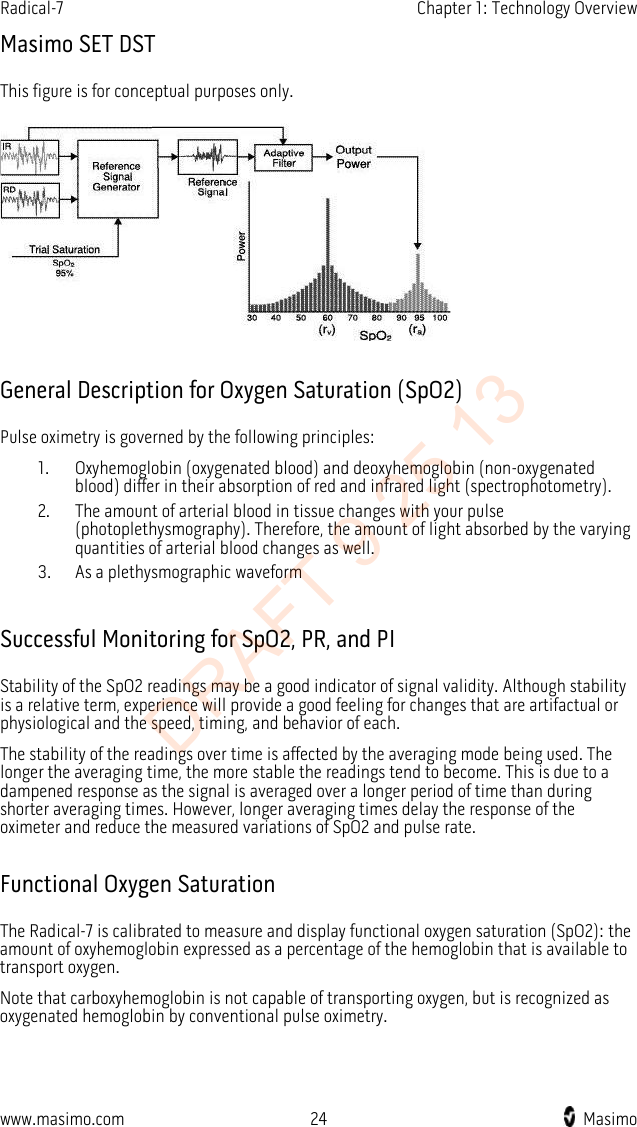 Radical-7    Chapter 1: Technology Overview  Masimo SET DST This figure is for conceptual purposes only.   General Description for Oxygen Saturation (SpO2) Pulse oximetry is governed by the following principles: 1. Oxyhemoglobin (oxygenated blood) and deoxyhemoglobin (non-oxygenated blood) differ in their absorption of red and infrared light (spectrophotometry). 2. The amount of arterial blood in tissue changes with your pulse (photoplethysmography). Therefore, the amount of light absorbed by the varying quantities of arterial blood changes as well. 3. As a plethysmographic waveform  Successful Monitoring for SpO2, PR, and PI Stability of the SpO2 readings may be a good indicator of signal validity. Although stability is a relative term, experience will provide a good feeling for changes that are artifactual or physiological and the speed, timing, and behavior of each.   The stability of the readings over time is affected by the averaging mode being used. The longer the averaging time, the more stable the readings tend to become. This is due to a dampened response as the signal is averaged over a longer period of time than during shorter averaging times. However, longer averaging times delay the response of the oximeter and reduce the measured variations of SpO2 and pulse rate.  Functional Oxygen Saturation The Radical-7 is calibrated to measure and display functional oxygen saturation (SpO2): the amount of oxyhemoglobin expressed as a percentage of the hemoglobin that is available to transport oxygen.   Note that carboxyhemoglobin is not capable of transporting oxygen, but is recognized as oxygenated hemoglobin by conventional pulse oximetry.  www.masimo.com 24    Masimo    DRAFT 9 25 13