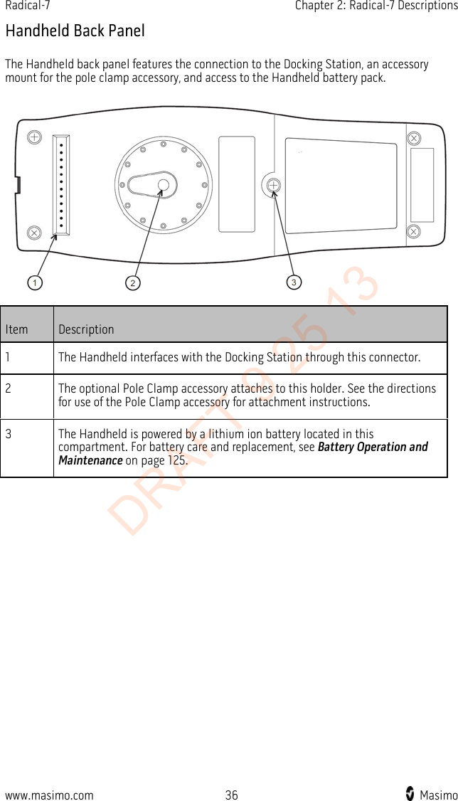 Radical-7    Chapter 2: Radical-7 Descriptions  Handheld Back Panel The Handheld back panel features the connection to the Docking Station, an accessory mount for the pole clamp accessory, and access to the Handheld battery pack.  Item Description 1  The Handheld interfaces with the Docking Station through this connector.   2  The optional Pole Clamp accessory attaches to this holder. See the directions for use of the Pole Clamp accessory for attachment instructions.   3  The Handheld is powered by a lithium ion battery located in this compartment. For battery care and replacement, see Battery Operation and Maintenance on page 125.  www.masimo.com 36    Masimo    DRAFT 9 25 13