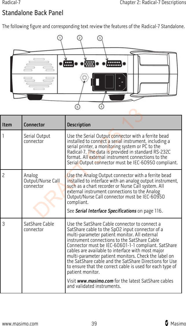 Radical-7    Chapter 2: Radical-7 Descriptions  Standalone Back Panel The following figure and corresponding text review the features of the Radical-7 Standalone.  Item  Connector  Description 1  Serial Output connector Use the Serial Output connector with a ferrite bead installed to connect a serial instrument, including a serial printer, a monitoring system or PC to the Radical-7. The data is provided in standard RS-232C format. All external instrument connections to the Serial Output connector must be IEC-60950 compliant. 2  Analog Output/Nurse Call connector Use the Analog Output connector with a ferrite bead installed to interface with an analog output instrument, such as a chart recorder or Nurse Call system. All external instrument connections to the Analog Output/Nurse Call connector must be IEC-60950 compliant. See Serial Interface Specifications on page 116. 3  SatShare Cable connector Use the SatShare Cable connector to connect a SatShare cable to the SpO2 input connector of a multi-parameter patient monitor. All external instrument connections to the SatShare Cable Connector must be IEC-60601-1-1 compliant. SatShare cables are available to interface with most major multi-parameter patient monitors. Check the label on the SatShare cable and the SatShare Directions for Use to ensure that the correct cable is used for each type of patient monitor.   Visit www.masimo.com for the latest SatShare cables and validated instruments. www.masimo.com 39    Masimo    DRAFT 9 25 13