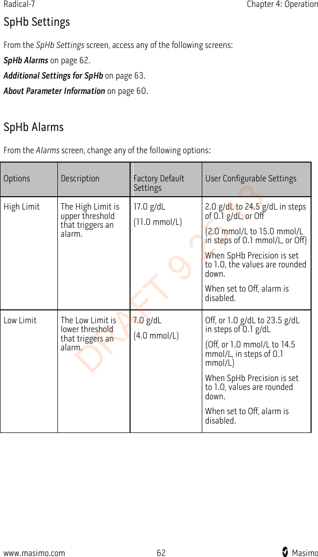 Radical-7    Chapter 4: Operation  SpHb Settings From the SpHb Settings screen, access any of the following screens: SpHb Alarms on page 62. Additional Settings for SpHb on page 63. About Parameter Information on page 60.  SpHb Alarms From the Alarms screen, change any of the following options: Options Description Factory Default Settings User Configurable Settings High Limit The High Limit is upper threshold that triggers an alarm. 17.0 g/dL (11.0 mmol/L) 2.0 g/dL to 24.5 g/dL in steps of 0.1 g/dL, or Off (2.0 mmol/L to 15.0 mmol/L in steps of 0.1 mmol/L, or Off) When SpHb Precision is set to 1.0, the values are rounded down. When set to Off, alarm is disabled. Low Limit The Low Limit is lower threshold that triggers an alarm. 7.0 g/dL (4.0 mmol/L) Off, or 1.0 g/dL to 23.5 g/dL in steps of 0.1 g/dL (Off, or 1.0 mmol/L to 14.5 mmol/L, in steps of 0.1 mmol/L) When SpHb Precision is set to 1.0, values are rounded down. When set to Off, alarm is disabled.   www.masimo.com 62    Masimo    DRAFT 9 25 13