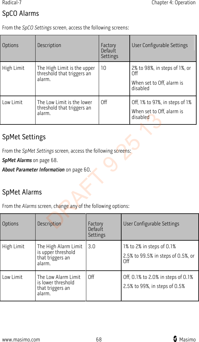Radical-7    Chapter 4: Operation  SpCO Alarms From the SpCO Settings screen, access the following screens: Options Description Factory Default Settings User Configurable Settings High Limit The High Limit is the upper threshold that triggers an alarm. 10 2% to 98%, in steps of 1%, or Off When set to Off, alarm is disabled Low Limit The Low Limit is the lower threshold that triggers an alarm. Off Off, 1% to 97%, in steps of 1% When set to Off, alarm is disabled   SpMet Settings From the SpMet Settings screen, access the following screens: SpMet Alarms on page 68. About Parameter Information on page 60.  SpMet Alarms From the Alarms screen, change any of the following options: Options Description Factory Default Settings User Configurable Settings High Limit The High Alarm Limit is upper threshold that triggers an alarm. 3.0  1% to 2% in steps of 0.1% 2.5% to 99.5% in steps of 0.5%, or Off Low Limit The Low Alarm Limit is lower threshold that triggers an alarm. Off Off, 0.1% to 2.0% in steps of 0.1% 2.5% to 99%, in steps of 0.5%   www.masimo.com 68    Masimo    DRAFT 9 25 13