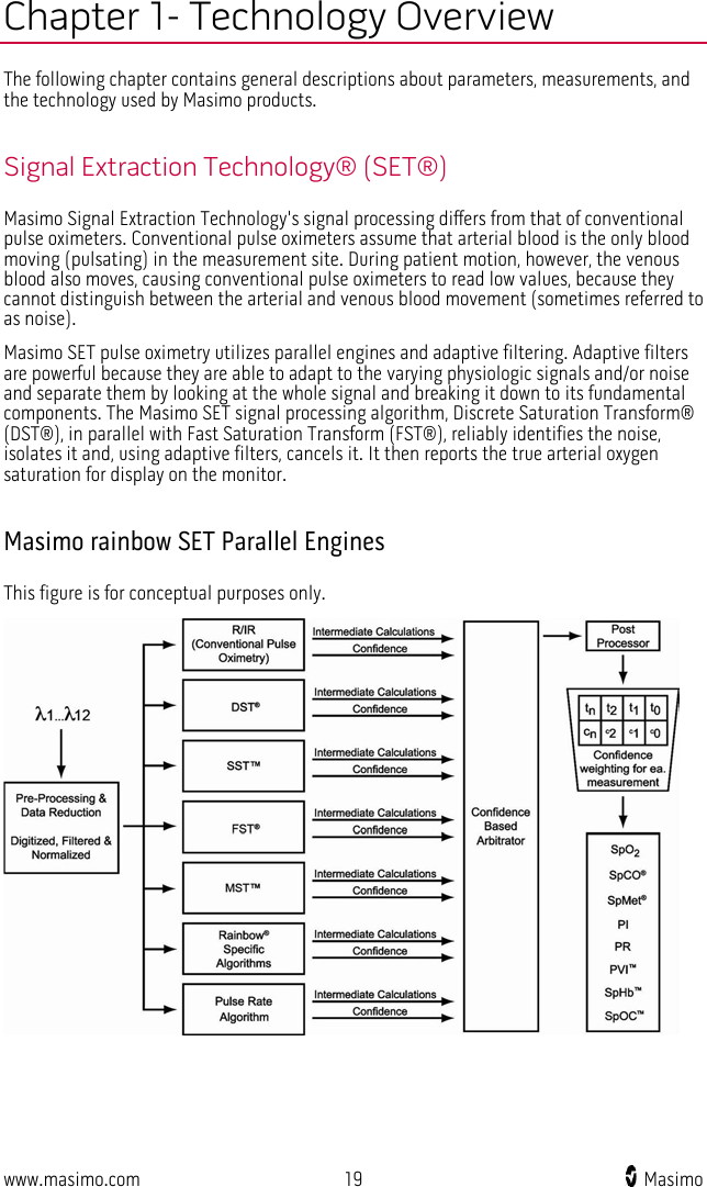  www.masimo.com 19    Masimo    Chapter 1- Technology Overview The following chapter contains general descriptions about parameters, measurements, and the technology used by Masimo products.  Signal Extraction Technology® (SET®) Masimo Signal Extraction Technology&apos;s signal processing differs from that of conventional pulse oximeters. Conventional pulse oximeters assume that arterial blood is the only blood moving (pulsating) in the measurement site. During patient motion, however, the venous blood also moves, causing conventional pulse oximeters to read low values, because they cannot distinguish between the arterial and venous blood movement (sometimes referred to as noise).   Masimo SET pulse oximetry utilizes parallel engines and adaptive filtering. Adaptive filters are powerful because they are able to adapt to the varying physiologic signals and/or noise and separate them by looking at the whole signal and breaking it down to its fundamental components. The Masimo SET signal processing algorithm, Discrete Saturation Transform® (DST®), in parallel with Fast Saturation Transform (FST®), reliably identifies the noise, isolates it and, using adaptive filters, cancels it. It then reports the true arterial oxygen saturation for display on the monitor.  Masimo rainbow SET Parallel Engines This figure is for conceptual purposes only.   