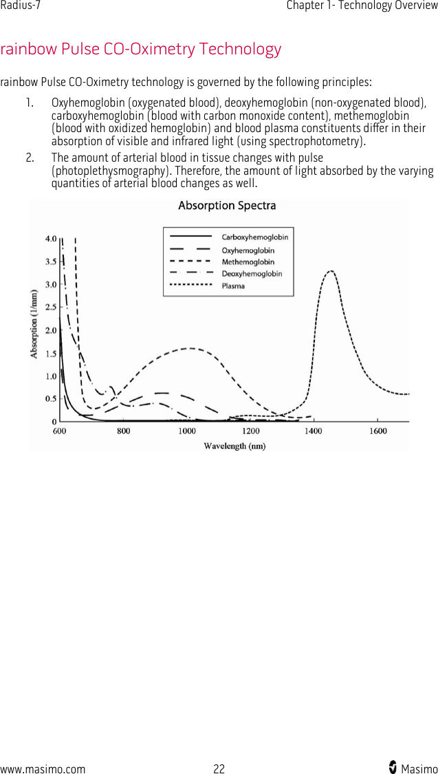 Radius-7   Chapter 1- Technology Overview  www.masimo.com 22    Masimo    rainbow Pulse CO-Oximetry Technology rainbow Pulse CO-Oximetry technology is governed by the following principles: 1. Oxyhemoglobin (oxygenated blood), deoxyhemoglobin (non-oxygenated blood), carboxyhemoglobin (blood with carbon monoxide content), methemoglobin (blood with oxidized hemoglobin) and blood plasma constituents differ in their absorption of visible and infrared light (using spectrophotometry). 2. The amount of arterial blood in tissue changes with pulse (photoplethysmography). Therefore, the amount of light absorbed by the varying quantities of arterial blood changes as well.  