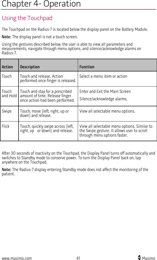  www.masimo.com 41    Masimo    Chapter 4- Operation Using the Touchpad The Touchpad on the Radius-7 is located below the display panel on the Battery Module.  Note: The display panel is not a touch screen. Using the gestures described below, the user is able to view all parameters and measurements, navigate through menu options, and silence/acknowledge alarms on Radius-7. Action   Description   Function Touch Touch and release. Action performed once finger is released. Select a menu item or action Touch and Hold Touch and stay for a prescribed amount of time. Release finger once action had been performed.   Enter and Exit the Main Screen   Silence/acknowledge alarms. Swipe   Touch, move (left, right, up or down) and release. View all selectable menu options.   Flick Touch, quickly swipe across (left, right, up    or down) and release.   View all selectable menu options. Similar to the Swipe gesture. It allows user to scroll through menu options faster.  After 30 seconds of inactivity on the Touchpad, the Display Panel turns off automatically and switches to Standby mode to conserve power. To turn the Display Panel back on, tap anywhere on the Touchpad. Note: The Radius-7 display entering Standby mode does not affect the monitoring of the patient.  