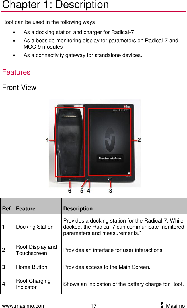  www.masimo.com  17    Masimo    Chapter 1: Description Root can be used in the following ways:   As a docking station and charger for Radical-7   As a bedside monitoring display for parameters on Radical-7 and MOC-9 modules   As a connectivity gateway for standalone devices.  Features Front View  Ref. Feature Description 1 Docking Station Provides a docking station for the Radical-7. While docked, the Radical-7 can communicate monitored parameters and measurements.*   2 Root Display and Touchscreen Provides an interface for user interactions. 3 Home Button Provides access to the Main Screen.   4 Root Charging Indicator Shows an indication of the battery charge for Root. 