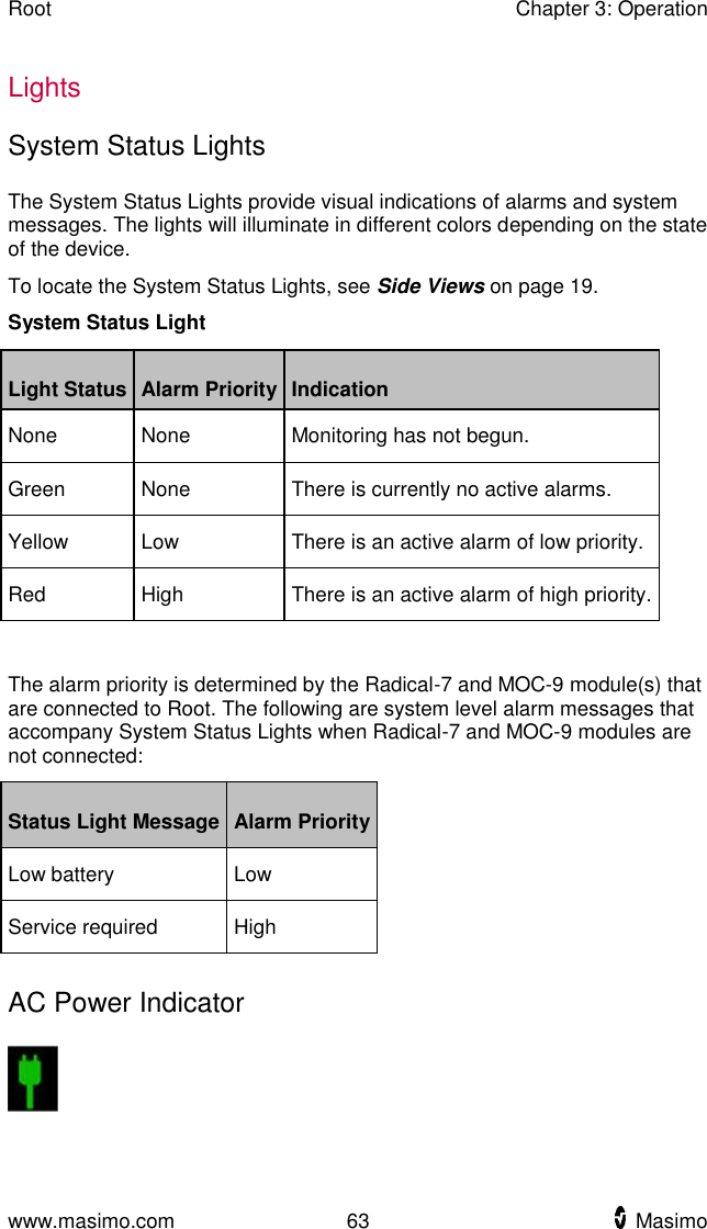 Root    Chapter 3: Operation  www.masimo.com  63    Masimo    Lights System Status Lights The System Status Lights provide visual indications of alarms and system messages. The lights will illuminate in different colors depending on the state of the device.   To locate the System Status Lights, see Side Views on page 19. System Status Light   Light Status Alarm Priority Indication None None Monitoring has not begun. Green None There is currently no active alarms. Yellow Low There is an active alarm of low priority. Red High There is an active alarm of high priority.  The alarm priority is determined by the Radical-7 and MOC-9 module(s) that are connected to Root. The following are system level alarm messages that accompany System Status Lights when Radical-7 and MOC-9 modules are not connected: Status Light Message Alarm Priority Low battery Low Service required High   AC Power Indicator  