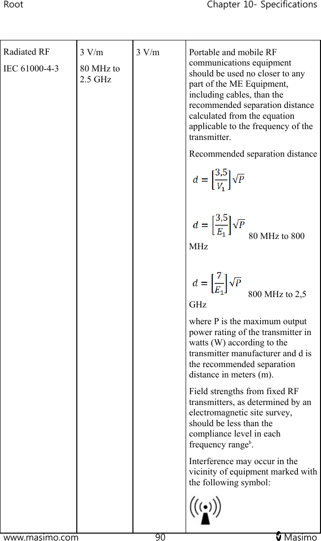 Root   Chapter 10- Specifications  www.masimo.com  90   Masimo   Radiated RF  IEC 61000-4-3  3 V/m 80 MHz to 2.5 GHz  3 V/m  Portable and mobile RF communications equipment should be used no closer to any part of the ME Equipment, including cables, than the recommended separation distance calculated from the equation applicable to the frequency of the transmitter. Recommended separation distance   80 MHz to 800 MHz  800 MHz to 2,5 GHz where P is the maximum output power rating of the transmitter in watts (W) according to the transmitter manufacturer and d is the recommended separation distance in meters (m). Field strengths from fixed RF transmitters, as determined by an electromagnetic site survey, should be less than the compliance level in each frequency rangeb. Interference may occur in the vicinity of equipment marked with the following symbol:  