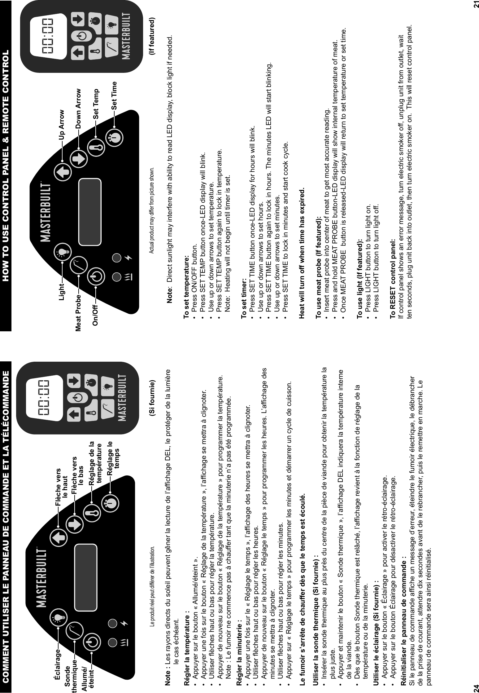 24COMMENT UTILISER LE PANNEAU DE COMMANDE ET LA TÉLÉCOMMANDENote :  Les rayons directs du soleil peuvent gêner la lecture de l’aﬃ  chage DEL, le protéger de la lumière le cas échéant.Régler la température :•  Appuyer sur le bouton « Allumé/éteint ».•  Appuyer une fois sur le bouton « Réglage de la température », l’aﬃ  chage se mettra à clignoter.•  Utiliser ﬂ èches haut ou bas pour régler la température.•  Appuyer de nouveau sur le bouton « Réglage de la température » pour programmer la température.  Note : Le fumoir ne commence pas à chauﬀ er tant que la minuterie n’a pas été programmée.Régler la minuterie :•  Appuyer une fois sur le « Réglage le temps », l’aﬃ  chage des heures se mettra à clignoter.•  Utiliser ﬂ èches haut ou bas pour régler les heures.•  Appuyer de nouveau sur le bouton « Réglage le temps » pour programmer les heures. L’aﬃ  chage des minutes se mettra à clignoter.•  Utiliser ﬂ èches haut ou bas pour régler les minutes.•  Appuyer sur « Réglage le temps » pour programmer les minutes et démarrer un cycle de cuisson.Le fumoir s’arrête de chauﬀ er dès que le temps est écoulé.Utiliser la sonde thermique (Si fournie) :•  Insérer la sonde thermique au plus près du centre de la pièce de viande pour obtenir la température la plus juste.•  Appuyer et maintenir le bouton « Sonde thermique », l’aﬃ  chage DEL indiquera la température interne de la viande.•  Dès que le bouton Sonde thermique est relâché, l’aﬃ  chage revient à la fonction de réglage de la température ou de la minuterie.Utiliser le éclairage (Si fournie) :•  Appuyer sur le bouton « Éclairage » pour activer le rétro-éclairage.•  Appuyer sur le bouton Éclairage pour désactiver le rétro-éclairage.Réinitialiser le panneau de commande :Si le panneau de commande aﬃ  che un message d’erreur, éteindre le fumoir électrique, le débrancher de la prise de courant, attendre dix secondes avant de le rebrancher, puis le remettre en marche. Le panneau de commande sera ainsi réinitialisé.®  Le produit réel peut diﬀ érer de l’illustration.(Si fournie)®Allumé/éteintSondethermiqueÉclairageRéglage le tempsRéglage de la températureFlèche versle hautFlèche versle bas21HOW TO USE CONTROL PANEL &amp; REMOTE CONTROLNote:  Direct sunlight may interfere with ability to read LED display, block light if needed.To set temperature:•  Press ON/OFF button.•  Press SET TEMP button once-LED display will blink.•  Use up or down arrows to set temperature.•  Press SET TEMP button again to lock in temperature.  Note:  Heating will not begin until timer is set.To set timer:•  Press SET TIME button once-LED display for hours will blink.•  Use up or down arrows to set hours.•  Press SET TIME button again to lock in hours. The minutes LED will start blinking.•  Use up or down arrows to set minutes.•  Press SET TIME to lock in minutes and start cook cycle.Heat will turn oﬀ  when time has expired.To use meat probe (If featured):•  Insert meat probe into center of meat to get most accurate reading. •  Press and hold MEAT PROBE button-LED display will show internal temperature of meat. •  Once MEAT PROBE  button is released-LED display will return to set temperature or set time.To use light (If featured):•  Press LIGHT button to turn light on.•  Press LIGHT button to turn light oﬀ .To RESET control panel:If control panel shows an error message, turn electric smoker oﬀ , unplug unit from outlet, waitten seconds, plug unit back into outlet, then turn electric smoker on.  This will reset control panel. Actual product may diﬀ er from picture shown.(If featured)®On/Oﬀ Meat ProbeLightSet TimeSet TempUp ArrowDown Arrow