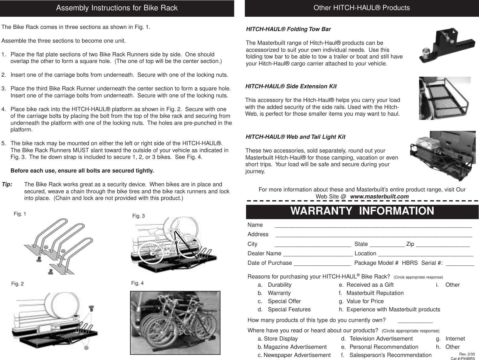 Page 2 of 2 - Masterbuilt Masterbuilt-Hitch-Haul-Bike-Carrier-Hedb2-Users-Manual- HBRS 021400 Masterbuilt-hitch-haul-bike-carrier-hedb2-users-manual