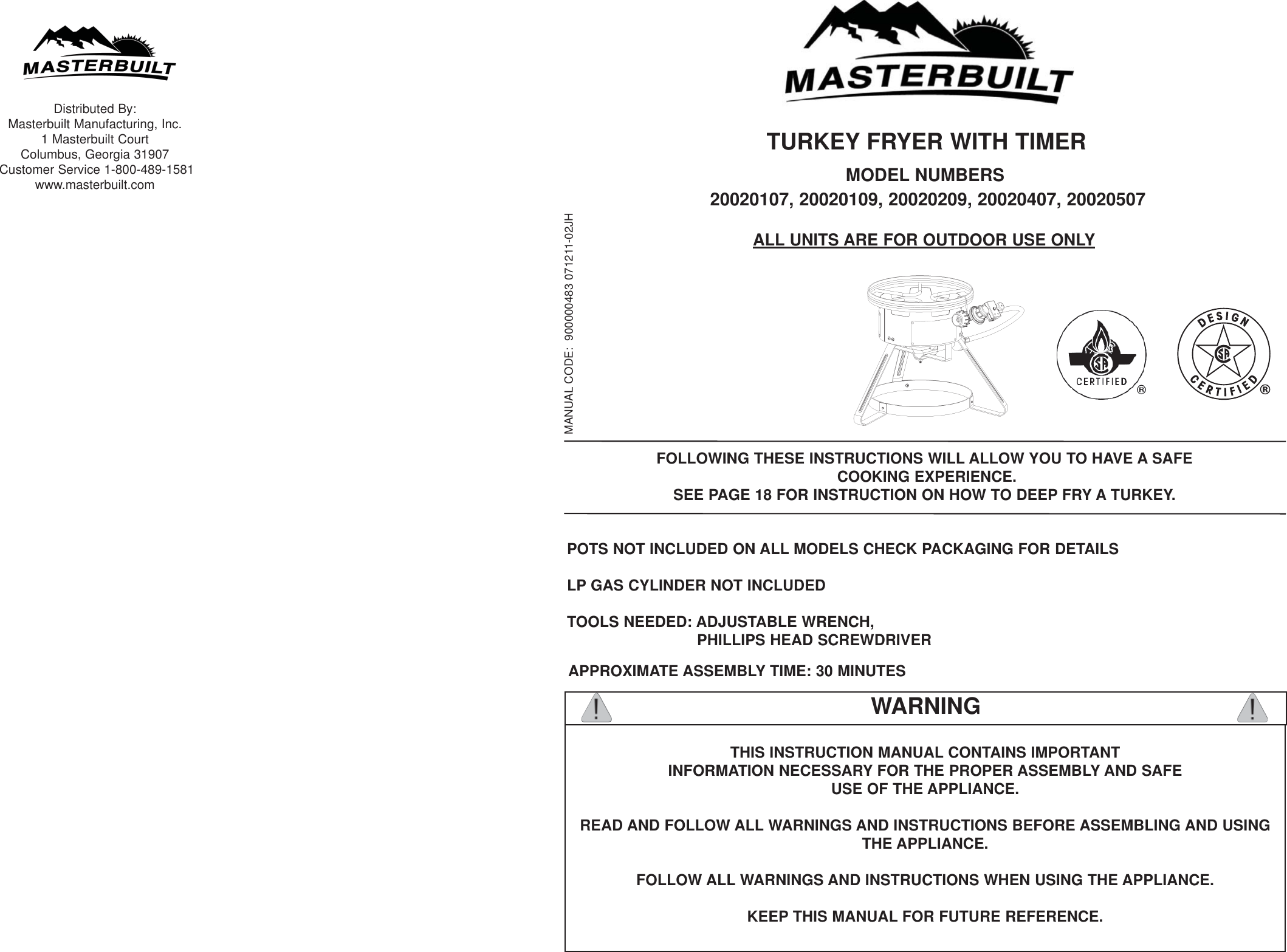 Page 1 of 12 - Masterbuilt Masterbuilt-Propane-Turkey-Fryer-20020107-Users-Manual- 20020209_GTFKDA_IM_071211JH  Masterbuilt-propane-turkey-fryer-20020107-users-manual