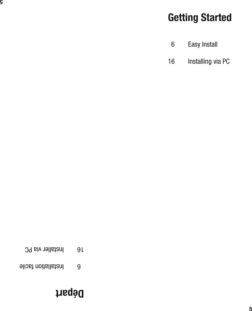 5Getting Started 6   Easy Install 16    Installing via PC5D&eacute;part 6   Installation facile 16    Installer via PC