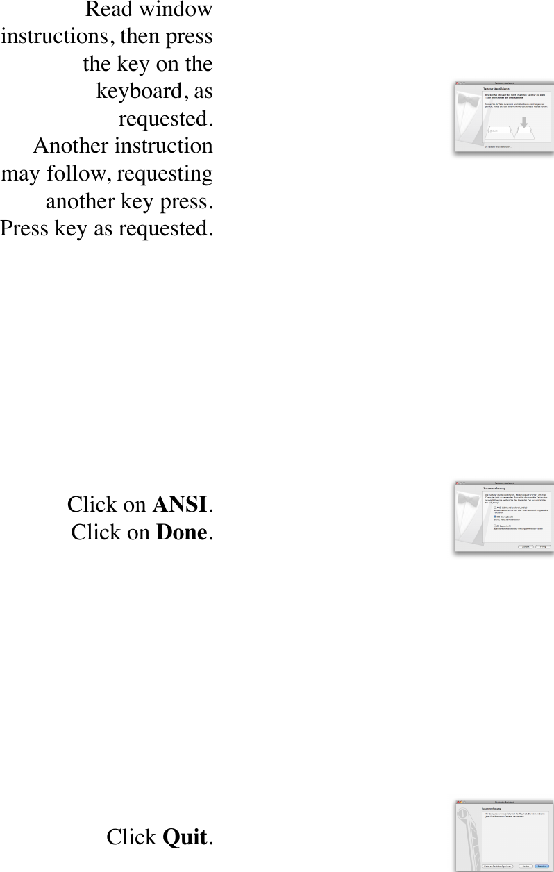 Read window instructions, then press the key on the keyboard, as requested.Another instruction may follow, requesting another key press. Press key as requested.Click on ANSI.Click on Done.Click Quit.