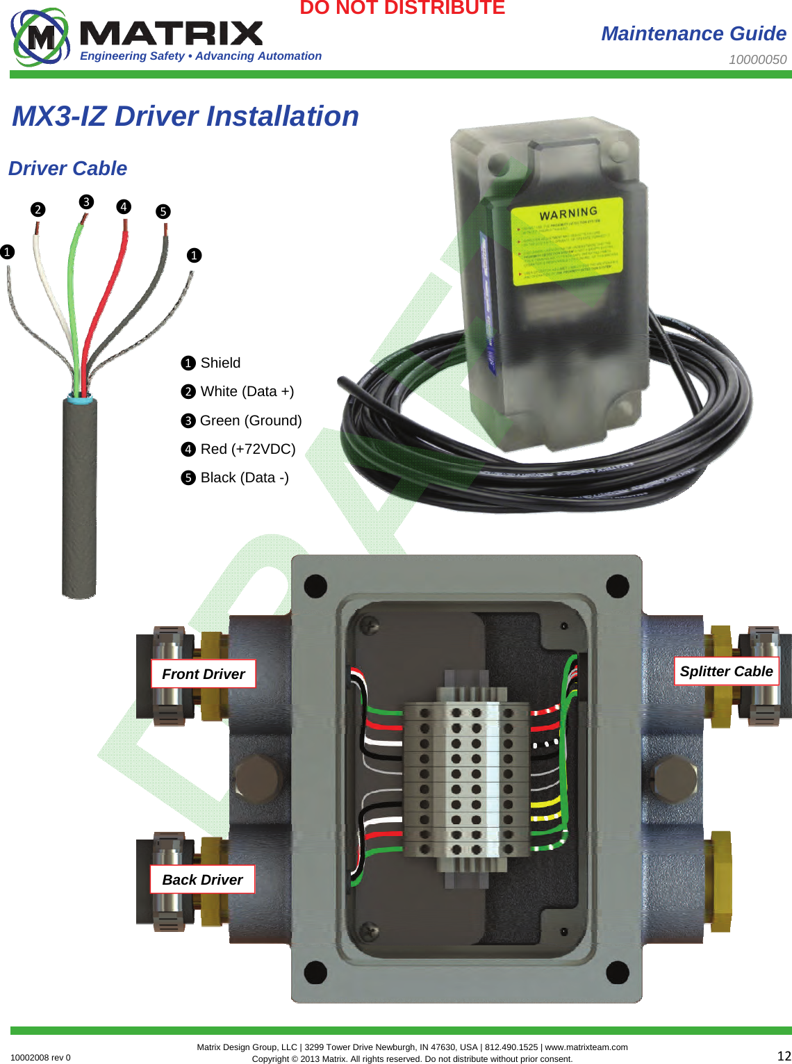 Engineering Safety • Advancing Automation 1210002008 rev 0  Matrix Design Group, LLC | 3299 Tower Drive Newburgh, IN 47630, USA | 812.490.1525 | www.matrixteam.com Copyright © 2013 Matrix. All rights reserved. Do not distribute without prior consent.DO NOT DISTRIBUTE MX3-IZ Driver Installation Maintenance Guide 10000050 Driver Cable ❶ Shield ❷ White (Data +) ❸Green (Ground) ❹ Red (+72VDC) ❺ Black (Data -) ❶ ❷ ❶❸ ❹ ❺Splitter Cable Front Driver Back Driver 