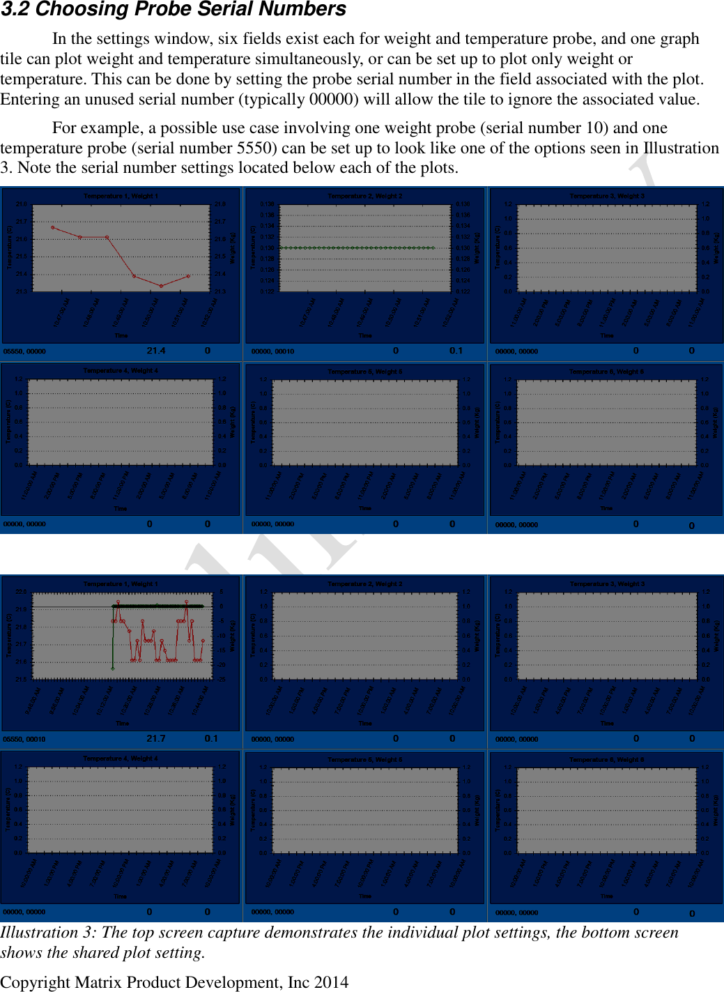  Copyright Matrix Product Development, Inc 2014  3.2 Choosing Probe Serial Numbers   In the settings window, six fields exist each for weight and temperature probe, and one graph tile can plot weight and temperature simultaneously, or can be set up to plot only weight or temperature. This can be done by setting the probe serial number in the field associated with the plot. Entering an unused serial number (typically 00000) will allow the tile to ignore the associated value.   For example, a possible use case involving one weight probe (serial number 10) and one temperature probe (serial number 5550) can be set up to look like one of the options seen in Illustration 3. Note the serial number settings located below each of the plots.  Illustration 3: The top screen capture demonstrates the individual plot settings, the bottom screen shows the shared plot setting. 