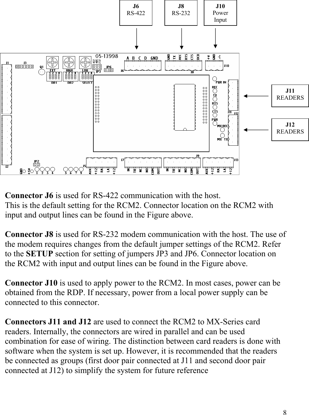  8                        Connector J6 is used for RS-422 communication with the host.  This is the default setting for the RCM2. Connector location on the RCM2 with input and output lines can be found in the Figure above.  Connector J8 is used for RS-232 modem communication with the host. The use of the modem requires changes from the default jumper settings of the RCM2. Refer to the SETUP section for setting of jumpers JP3 and JP6. Connector location on the RCM2 with input and output lines can be found in the Figure above.  Connector J10 is used to apply power to the RCM2. In most cases, power can be obtained from the RDP. If necessary, power from a local power supply can be connected to this connector.  Connectors J11 and J12 are used to connect the RCM2 to MX-Series card readers. Internally, the connectors are wired in parallel and can be used combination for ease of wiring. The distinction between card readers is done with software when the system is set up. However, it is recommended that the readers be connected as groups (first door pair connected at J11 and second door pair connected at J12) to simplify the system for future reference  J8 RS-232 J10 Power Input J11 READERS J12 READERS J6 RS-422 