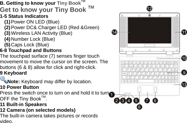 B. Getting to know your Tiny BookTM Get to know your Tiny Book TM 1-5 Status Indicators (1) Power ON LED (Blue) (2) Power DC&amp; Charger LED (Red &amp;Green) (3) Wireless LAN Activity (Blue) (4) Number Lock (Blue) (5) Caps Lock (Blue) 6-8 Touchpad and Buttons The touchpad surface (7) senses finger touch movement to move the cursor on the screen. The buttons (6 &amp; 8) allow for click and right-click. 9 Keyboard Note: Keyboard may differ by location. 10 Power Button Press the switch once to turn on and hold it to turnOFF the Tiny BookTM. 11 Built-in Speakers 12 Camera (on selected models) The built-in camera takes pictures or records video.  