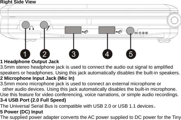 Right Side View 1 Headphone Output Jack 3.5mm stereo headphone jack is used to connect the audio out signal to amplified speakers or headphones. Using this jack automatically disables the built-in speakers.2 Microphone Input Jack (Mic In) 3.5mm mono microphone jack is used to connect an external microphone or  other audio devices. Using this jack automatically disables the built-in microphone. Use this feature for video conferencing, voice narrations, or simple audio recordings.3-4 USB Port (2.0 Full Speed) The Universal Serial Bus is compatible with USB 2.0 or USB 1.1 devices。 5 Power (DC) Input The supplied power adapter converts the AC power supplied to DC power for the Tiny 