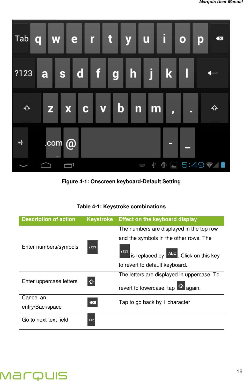 Marquis User Manual   16   Figure 4-1: Onscreen keyboard-Default Setting  Table 4-1: Keystroke combinations Description of action Keystroke  Effect on the keyboard display Enter numbers/symbols  The numbers are displayed in the top row and the symbols in the other rows. The  is replaced by  . Click on this key to revert to default keyboard. Enter uppercase letters  The letters are displayed in uppercase. To revert to lowercase, tap   again. Cancel an entry/Backspace  Tap to go back by 1 character Go to next text field      
