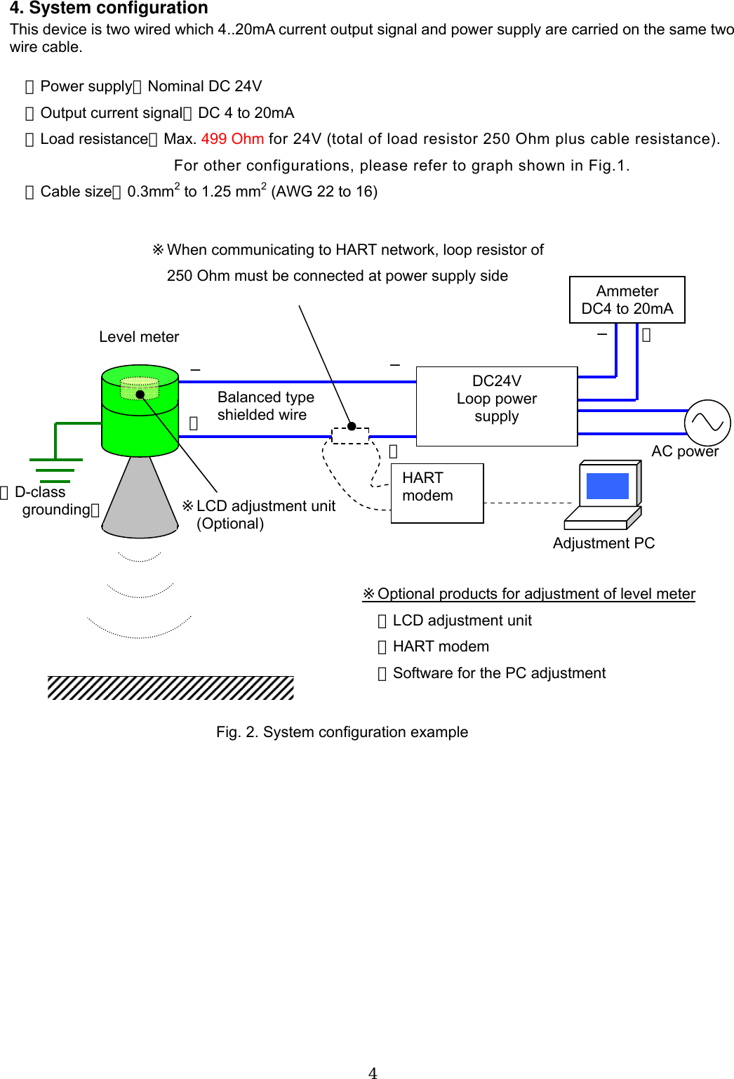  4   4. System configuration This device is two wired which 4..20mA current output signal and power supply are carried on the same two wire cable.  ・Power supply：Nominal DC 24V ・Output current signal：DC 4 to 20mA ・Load resistance：Max. 499 Ohm for 24V (total of load resistor 250 Ohm plus cable resistance).   For other configurations, please refer to graph shown in Fig.1. ・Cable size：0.3mm2 to 1.25 mm2 (AWG 22 to 16)                                 Ammeter DC4 to 20mADC24V Loop power supply AC power ＋− ＋−（D-class  grounding） Fig. 2. System configuration example HART modem Adjustment PC ※When communicating to HART network, loop resistor of 250 Ohm must be connected at power supply side − ＋ ※LCD adjustment unit (Optional) Balanced type shielded wire ※Optional products for adjustment of level meter・LCD adjustment unit ・HART modem ・Software for the PC adjustment Level meter 