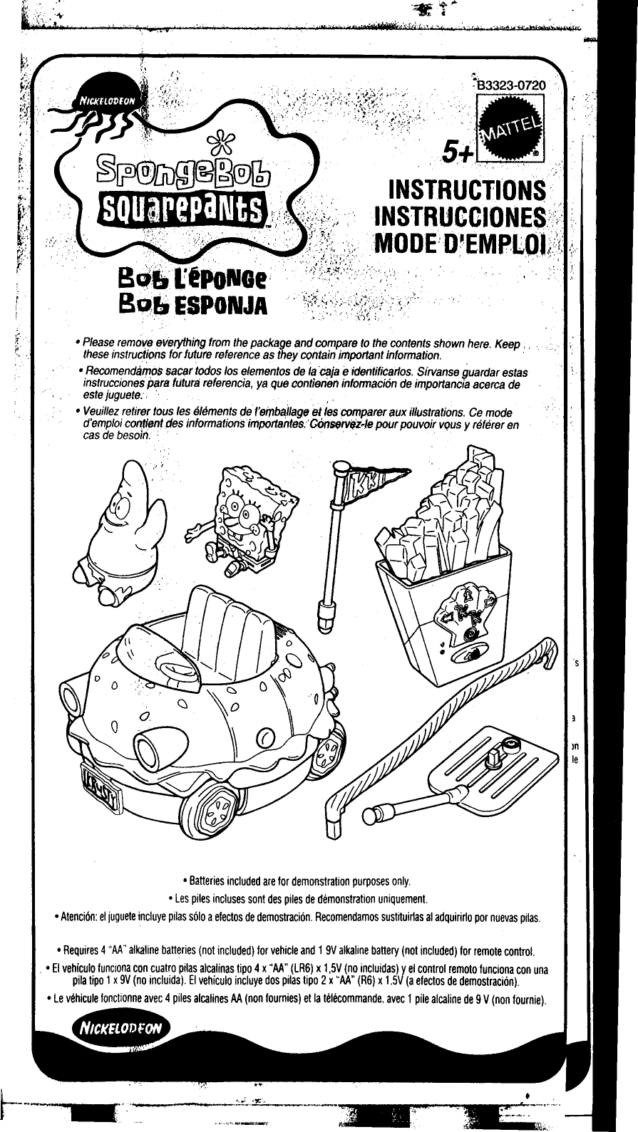 .Batteries included are for demonstration purposes only..Les piles incluses sont des piles de demonstration uniquement..Atencion: el juguete incluye pilas solo a efectos de demostracion. Recomendamos sustituirtas al adquirirlo por nuevas pilas..Requires 4 &quot;M&quot;  alkaline batteries (not included) for vehicle and 1 9V alkaline battery (not included) for remote control,.EI  vehiculo funciona con cuatro pilas alcalinas tipo 4 x &quot;M&quot;  (LR6) x 1 ,5V (no incluidas) y el control remoto funciona con unapila tipo 1 x 9V (no incluida). EI vehfculo incluye dos pilas tipo 2 x &quot;M&quot;  (R6) x 1.5V (a efectos de demostracion),.Le  vehicule fonctionne avec 4 piles alcali.nes M  (non fournies) et la telecommande, avec 1 pile alcaline de 9 V (non fournie),~~=!III=~L-  &apos;  . .
