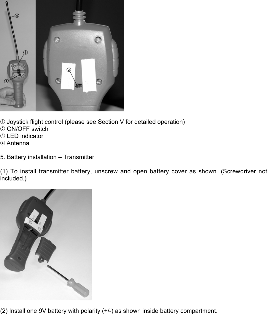 q Joystick flight control (please see Section V for detailed operation)w ON/OFF switche LED indicatorr Antenna5. Battery installation – Transmitter(1)  To  install  transmitter  battery,  unscrew  and  open  battery  cover  as  shown.  (Screwdriver  notincluded.)(2) Install one 9V battery with polarity (+/-) as shown inside battery compartment.