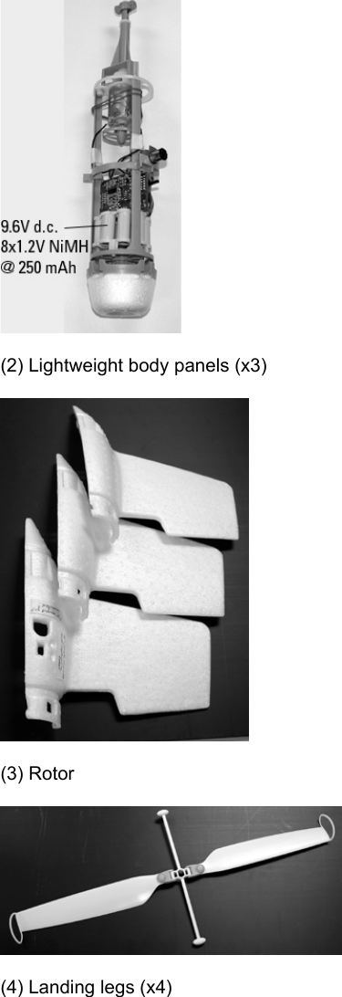 (2) Lightweight body panels (x3)(3) Rotor(4) Landing legs (x4)