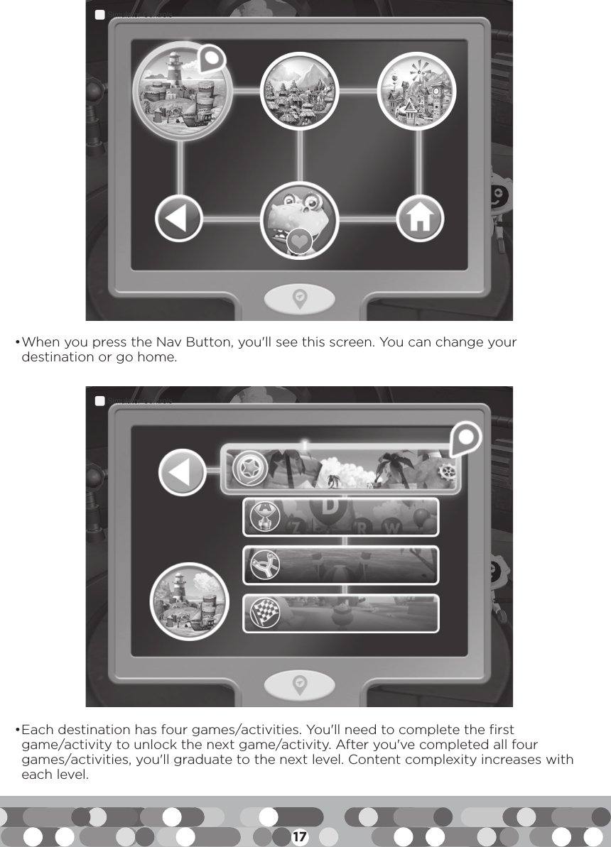 17• When you press the Nav Button, you&apos;ll see this screen. You can change your destination or go home.• Each destination has four games/activities. You&apos;ll need to complete the first game/activity to unlock the next game/activity. After you&apos;ve completed all four games/activities, you&apos;ll graduate to the next level. Content complexity increases with each level.