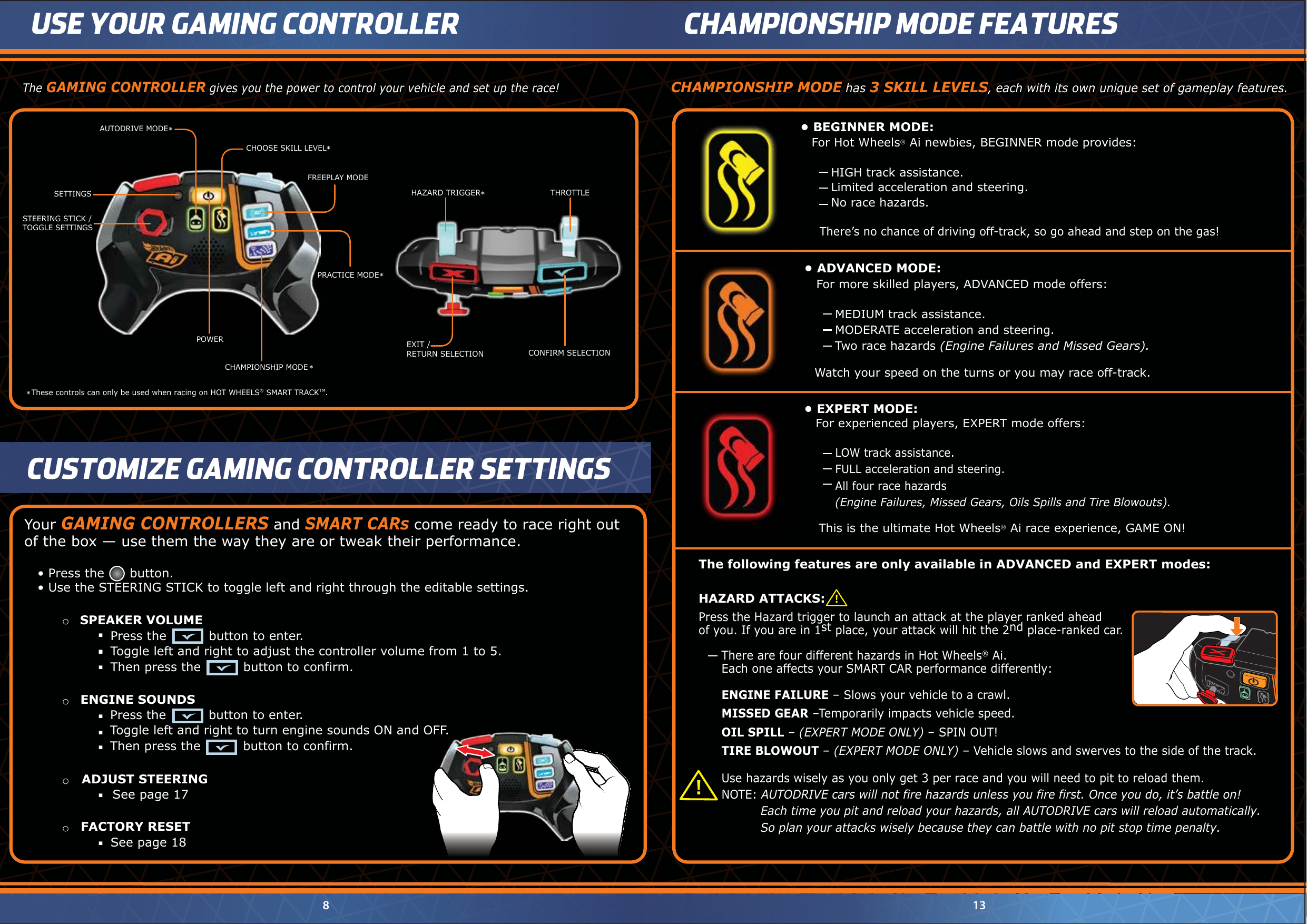 The GAMING CONTROLLER gives you the power to control your vehicle and set up the race!CHAMPIONSHIP MODE has 3 SKILL LEVELS, each with its own unique set of gameplay features.8 13USE YOUR GAMING CONTROLLER CHAMPIONSHIP MODE FEATURESYour GAMING CONTROLLERS and SMART CARs come ready to race right out of the box — use them the way they are or tweak their performance. •  Press the      button.•  Use the STEERING STICK to toggle left and right through the editable settings.The following features are only available in ADVANCED and EXPERT modes:Use hazards wisely as you only get 3 per race and you will need to pit to reload them.NOTE: AUTODRIVE cars will not fire hazards unless you fire first. Once you do, it’s battle on!           Each time you pit and reload your hazards, all AUTODRIVE cars will reload automatically.           So plan your attacks wisely because they can battle with no pit stop time penalty. HAZARD ATTACKS:Press the Hazard trigger to launch an attack at the player ranked aheadof you. If you are in 1st place, your attack will hit the 2nd place-ranked car.!!POWERSTEERING STICK / TOGGLE SETTINGSAUTODRIVE MODE*****SETTINGSCHOOSE SKILL LEVELFREEPLAY MODEPRACTICE MODE*CHAMPIONSHIP MODEThese controls can only be used when racing on HOT WHEELS® SMART TRACKTM.HAZARD TRIGGEREXIT /RETURN SELECTION CONFIRM SELECTIONTHROTTLEADJUST STEERING           See page 17o§FACTORY RESET       See page 18o§There are four different hazards in Hot Wheels® Ai.Each one affects your SMART CAR performance differently:ENGINE FAILURE – Slows your vehicle to a crawl.MISSED GEAR –Temporarily impacts vehicle speed.OIL SPILL – (EXPERT MODE ONLY) – SPIN OUT!TIRE BLOWOUT – (EXPERT MODE ONLY) – Vehicle slows and swerves to the side of the track.SPEAKER VOLUMEo§§§§Press the          button to enter.Toggle left and right to adjust the controller volume from 1 to 5.Then press the          button to confirm.o§§§ENGINE SOUNDS       Press the          button to enter.       Toggle left and right to turn engine sounds ON and OFF.       Then press the          button to confirm.  CUSTOMIZE GAMING CONTROLLER SETTINGS For more skilled players, ADVANCED mode offers:MEDIUM track assistance.MODERATE acceleration and steering.Two race hazards (Engine Failures and Missed Gears).•  EXPERT MODE:For experienced players, EXPERT mode offers:This is the ultimate Hot Wheels® Ai race experience, GAME ON!  Watch your speed on the turns or you may race off-track.There’s no chance of driving off-track, so go ahead and step on the gas!•  ADVANCED MODE:HIGH track assistance.Limited acceleration and steering.No race hazards.•  BEGINNER MODE:For Hot Wheels® Ai newbies, BEGINNER mode provides:LOW track assistance.FULL acceleration and steering.All four race hazards(Engine Failures, Missed Gears, Oils Spills and Tire Blowouts).