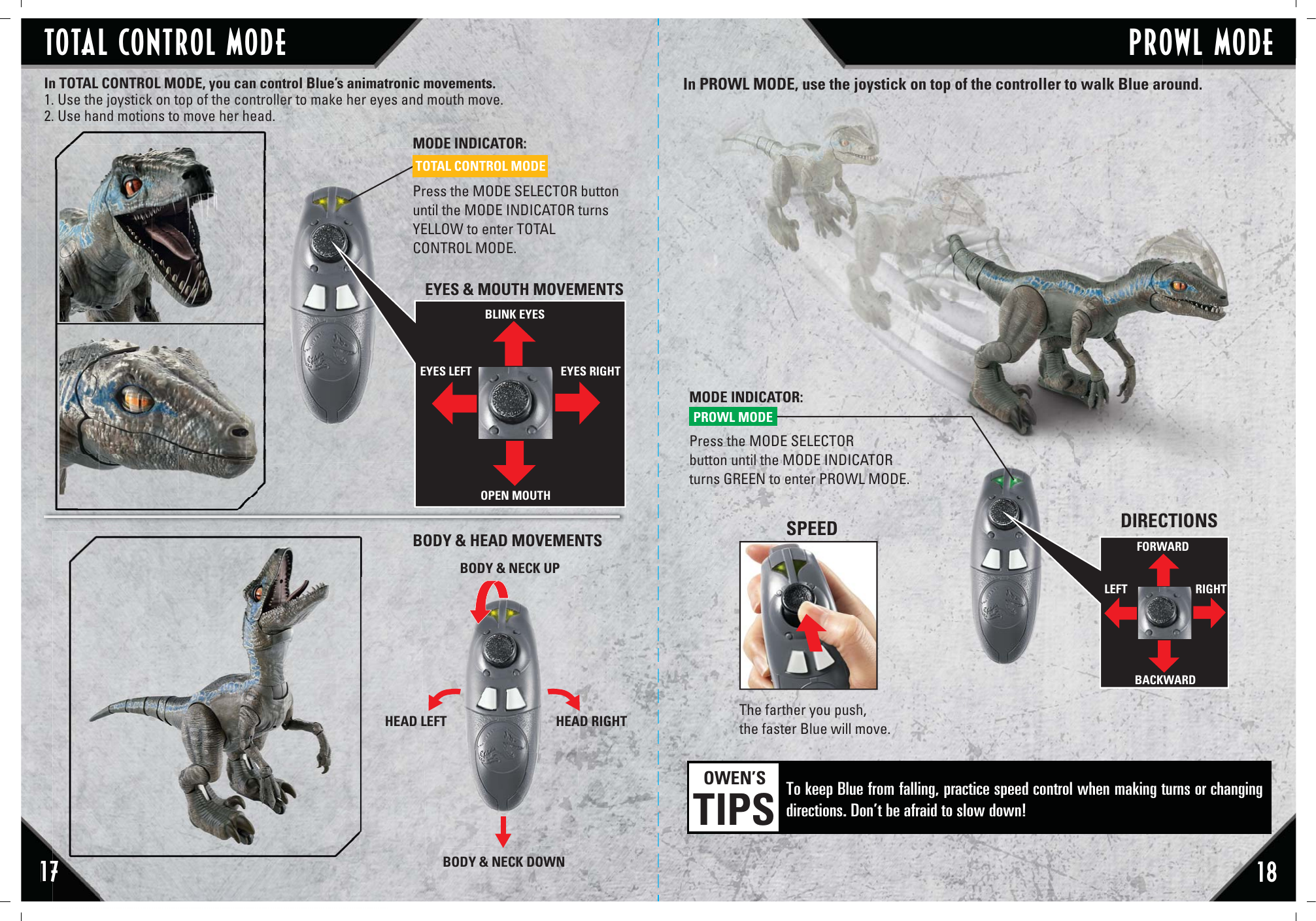 17 187In TOTAL CONTROL MODE, you can control Blue’s animatronic movements. 1. Use the joystick on top of the controller to make her eyes and mouth move.2. Use hand motions to move her head.Press the MODE SELECTOR buttonuntil the MODE INDICATOR turns YELLOW to enter TOTAL CONTROL MODE.TOTAL CONTROL MODEEYES LEFT EYES RIGHTBLINK EYESOPEN MOUTHEYES &amp; MOUTH MOVEMENTSBODY &amp; HEAD MOVEMENTSBODY &amp; NECK UPBODY &amp; NECK DOWNHEAD RIGHTHEAD LEFTMODE INDICATOR:In PROWL MODE, use the joystick on top of the controller to walk Blue around.OWEN’STIPSTo keep Blue from falling, practice speed control when making turns or changing directions. Don’t be afraid to slow down!LEFT RIGHTFORWARDBACKWARDPress the MODE SELECTOR button until the MODE INDICATOR turns GREEN to enter PROWL MODE.PROWL MODEDIRECTIONSSPEEDThe farther you push, the faster Blue will move.MODE INDICATOR:TOTAL CONTROL MODE PROWL MODE