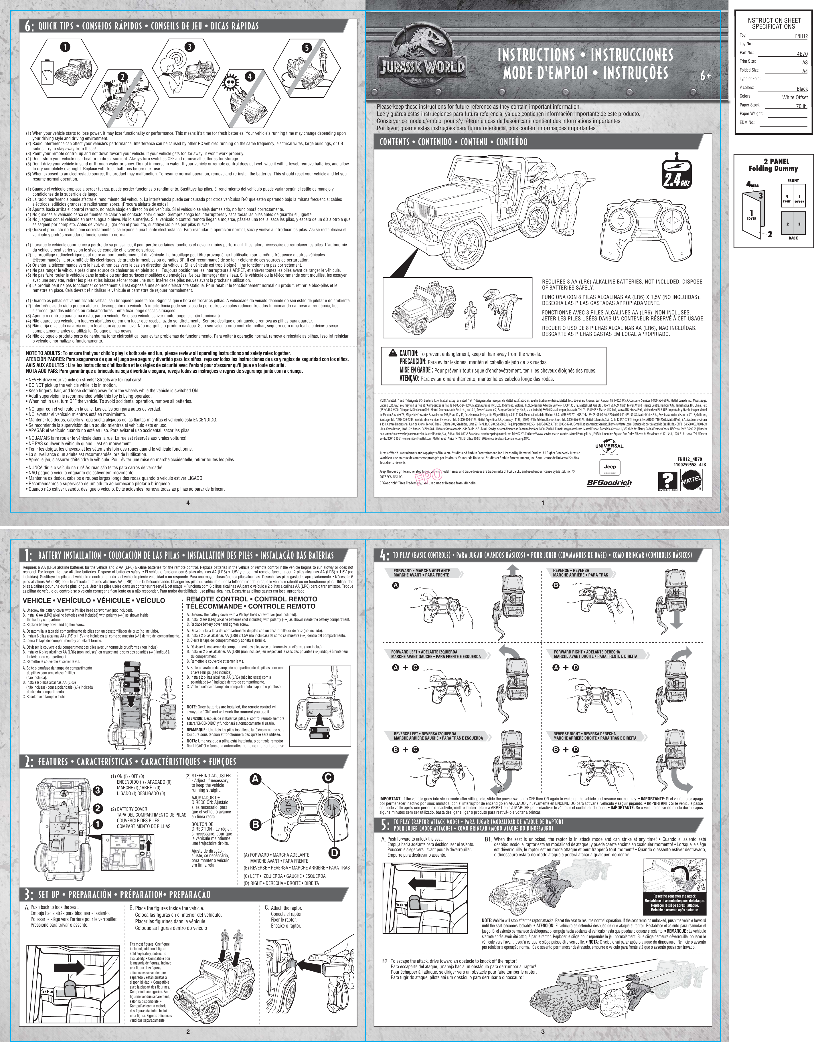 Page 1 of Mattel Asia Pacific Sourcing FNH12-17A5T Jurassic World RC Vehicle Raptor Attack RC User Manual FNH12 4LB IS A3 ai
