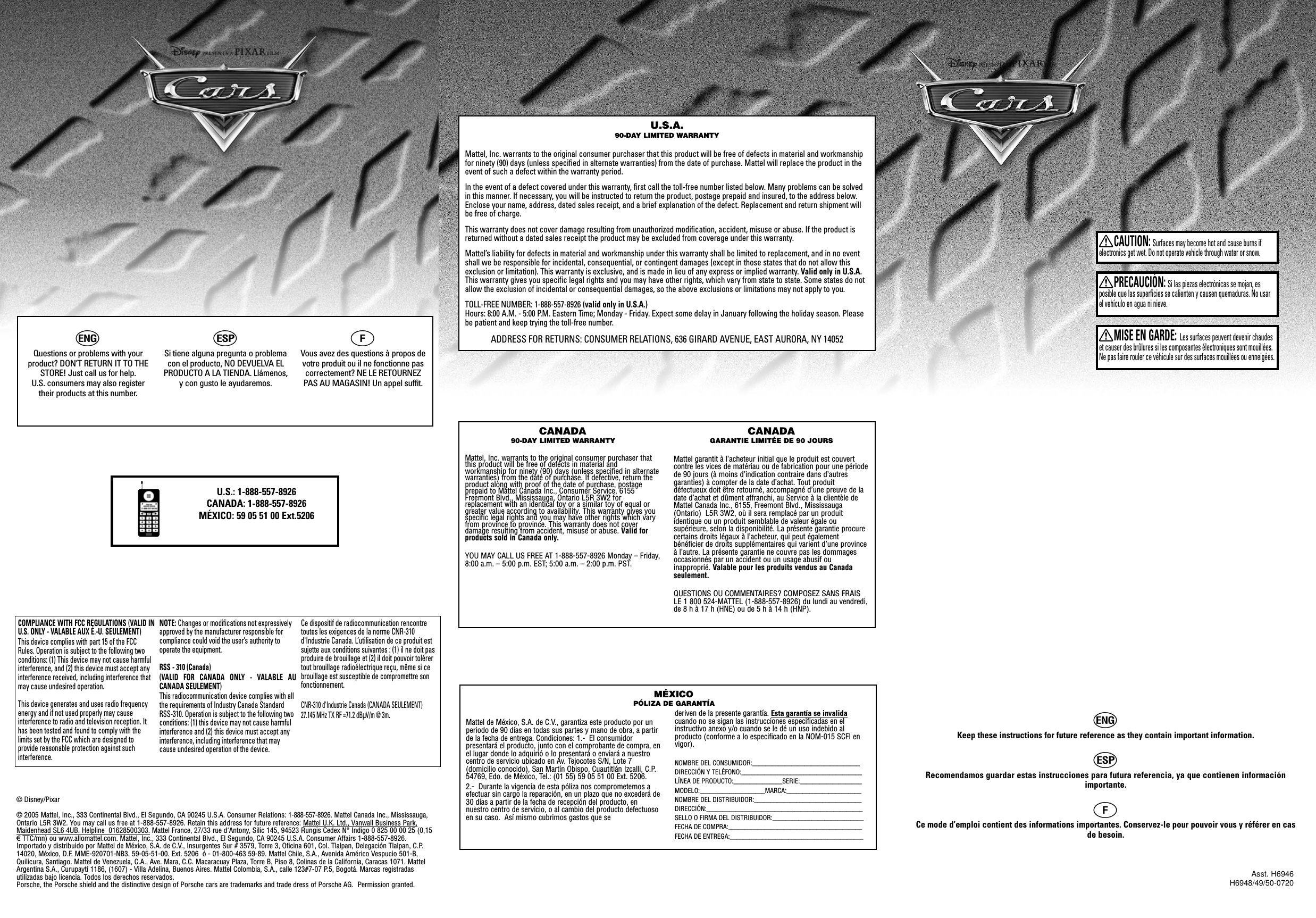 hQuestions or problems with yourproduct? DON’T RETURN IT TO THESTORE! Just call us for help. U.S. consumers may also registertheir products at this number.iSi tiene alguna pregunta o problemacon el producto, NO DEVUELVA ELPRODUCTO A LA TIENDA. Llámenos,y con gusto le ayudaremos.jVous avez des questions à propos devotre produit ou il ne fonctionne pascorrectement? NE LE RETOURNEZPAS AU MAGASIN! Un appel suffit.h Keep these instructions for future reference as they contain important information.iRecomendamos guardar estas instrucciones para futura referencia, ya que contienen informaciónimportante.jCe mode d’emploi contient des informations importantes. Conservez-le pour pouvoir vous y référer en casde besoin.U.S.: 1-888-557-8926CANADA: 1-888-557-8926MÉXICO: 59 05 51 00 Ext.5206 U.S.A.90-DAY LIMITED WARRANTYMattel, Inc. warrants to the original consumer purchaser that this product will be free of defects in material and workmanshipfor ninety (90) days (unless specified in alternate warranties) from the date of purchase. Mattel will replace the product in theevent of such a defect within the warranty period.In the event of a defect covered under this warranty, first call the toll-free number listed below. Many problems can be solvedin this manner. If necessary, you will be instructed to return the product, postage prepaid and insured, to the address below.Enclose your name, address, dated sales receipt, and a brief explanation of the defect. Replacement and return shipment willbe free of charge.This warranty does not cover damage resulting from unauthorized modification, accident, misuse or abuse. If the product isreturned without a dated sales receipt the product may be excluded from coverage under this warranty.Mattel’s liability for defects in material and workmanship under this warranty shall be limited to replacement, and in no eventshall we be responsible for incidental, consequential, or contingent damages (except in those states that do not allow thisexclusion or limitation). This warranty is exclusive, and is made in lieu of any express or implied warranty. Valid only in U.S.A.This warranty gives you specific legal rights and you may have other rights, which vary from state to state. Some states do notallow the exclusion of incidental or consequential damages, so the above exclusions or limitations may not apply to you.TOLL-FREE NUMBER: 1-888-557-8926 (valid only in U.S.A.)Hours: 8:00 A.M. - 5:00 P.M. Eastern Time; Monday - Friday. Expect some delay in January following the holiday season. Pleasebe patient and keep trying the toll-free number.ADDRESS FOR RETURNS: CONSUMER RELATIONS, 636 GIRARD AVENUE, EAST AURORA, NY 14052CANADA90-DAY LIMITED WARRANTYMattel, Inc. warrants to the original consumer purchaser thatthis product will be free of defects in material andworkmanship for ninety (90) days (unless specified in alternatewarranties) from the date of purchase. If defective, return theproduct along with proof of the date of purchase, postageprepaid to Mattel Canada Inc., Consumer Service, 6155Freemont Blvd., Mississauga, Ontario L5R 3W2 forreplacement with an identical toy or a similar toy of equal orgreater value according to availability. This warranty gives youspecific legal rights and you may have other rights which varyfrom province to province. This warranty does not coverdamage resulting from accident, misuse or abuse. Valid forproducts sold in Canada only.YOU MAY CALL US FREE AT 1-888-557-8926 Monday – Friday,8:00 a.m. – 5:00 p.m. EST; 5:00 a.m. – 2:00 p.m. PST.CANADAGARANTIE LIMITÉE DE 90 JOURSMattel garantit à l’acheteur initial que le produit est couvertcontre les vices de matériau ou de fabrication pour une périodede 90 jours (à moins d’indication contraire dans d’autresgaranties) à compter de la date d’achat. Tout produitdéfectueux doit être retourné, accompagné d’une preuve de ladate d’achat et dûment affranchi, au Service à la clientèle deMattel Canada Inc., 6155, Freemont Blvd., Mississauga(Ontario)  L5R 3W2, où il sera remplacé par un produitidentique ou un produit semblable de valeur égale ousupérieure, selon la disponibilité. La présente garantie procurecertains droits légaux à l’acheteur, qui peut égalementbénéficier de droits supplémentaires qui varient d’une provinceà l’autre. La présente garantie ne couvre pas les dommagesoccasionnés par un accident ou un usage abusif ouinapproprié. Valable pour les produits vendus au Canadaseulement.QUESTIONS OU COMMENTAIRES? COMPOSEZ SANS FRAISLE 1 800 524-MATTEL (1-888-557-8926) du lundi au vendredi,de 8 h à 17 h (HNE) ou de 5 h à 14 h (HNP).Mattel de México, S.A. de C.V., garantiza este producto por unperiodo de 90 días en todas sus partes y mano de obra, a partirde la fecha de entrega. Condiciones: 1.-  El consumidorpresentará el producto, junto con el comprobante de compra, enel lugar donde lo adquirió o lo presentará o enviará a nuestrocentro de servicio ubicado en Av. Tejocotes S/N, Lote 7(domicilio conocido), San Martín Obispo, Cuautitlán Izcalli, C.P.54769, Edo. de México, Tel.: (01 55) 59 05 51 00 Ext. 5206.  2.-  Durante la vigencia de esta póliza nos comprometemos aefectuar sin cargo la reparación, en un plazo que no excederá de30 días a partir de la fecha de recepción del producto, ennuestro centro de servicio, o al cambio del producto defectuosoen su caso.  Así mismo cubrimos gastos que se deriven de la presente garantía. Esta garantía se invalidacuando no se sigan las instrucciones especificadas en elinstructivo anexo y/o cuando se le dé un uso indebido alproducto (conforme a lo especificado en la NOM-015 SCFI envigor).NOMBRE DEL CONSUMIDOR:_________________________________DIRECCIÓN Y TELÉFONO:_____________________________________LÍNEA DE PRODUCTO:_______________SERIE:___________________MODELO:____________________MARCA:_______________________NOMBRE DEL DISTRIBUIDOR:_________________________________DIRECCIÓN:________________________________________________SELLO O FIRMA DEL DISTRIBUIDOR:____________________________FECHA DE COMPRA:_________________________________________FECHA DE ENTREGA:_________________________________________MÉXICOPÓLIZA DE GARANTÍAXCAUTION:Surfaces may become hot and cause burns ifelectronics get wet. Do not operate vehicle through water or snow.XPRECAUCIÓN:Si las piezas electrónicas se mojan, esposible que las superficies se calienten y causen quemaduras. No usarel vehículo en agua ni nieve.XMISE EN GARDE: Les surfaces peuvent devenir chaudeset causer des brûlures si les composantes électroniques sont mouillées.Ne pas faire rouler ce véhicule sur des surfaces mouillées ou enneigées.COMPLIANCE WITH FCC REGULATIONS (VALID INU.S. ONLY - VALABLE AUX É.-U. SEULEMENT)This device complies with part 15 of the FCCRules. Operation is subject to the following twoconditions: (1) This device may not cause harmfulinterference, and (2) this device must accept anyinterference received, including interference thatmay cause undesired operation.This device generates and uses radio frequencyenergy and if not used properly may causeinterference to radio and television reception. Ithas been tested and found to comply with thelimits set by the FCC which are designed toprovide reasonable protection against suchinterference.NOTE: Changes or modifications not expressivelyapproved by the manufacturer responsible forcompliance could void the user’s authority tooperate the equipment.RSS - 310 (Canada) (VALID FOR CANADA ONLY - VALABLE AUCANADA SEULEMENT)This radiocommunication device complies with allthe requirements of Industry Canada StandardRSS-310. Operation is subject to the following twoconditions: (1) this device may not cause harmfulinterference and (2) this device must accept anyinterference, including interference that maycause undesired operation of the device. Ce dispositif de radiocommunication rencontretoutes les exigences de la norme CNR-310d&apos;Industrie Canada. L’utilisation de ce produit estsujette aux conditions suivantes : (1) il ne doit pasproduire de brouillage et (2) il doit pouvoir tolérertout brouillage radioélectrique reçu, même si cebrouillage est susceptible de compromettre sonfonctionnement.CNR-310 d&apos;Industrie Canada (CANADA SEULEMENT)27.145 MHz TX RF =71.2 dBÌV/m @ 3m.Asst. H6946H6948/49/50-0720© Disney/Pixar © 2005 Mattel, Inc., 333 Continental Blvd., El Segundo, CA 90245 U.S.A. Consumer Relations: 1-888-557-8926. Mattel Canada Inc., Mississauga,Ontario L5R 3W2. You may call us free at 1-888-557-8926. Retain this address for future reference: Mattel U.K. Ltd., Vanwall Business Park,Maidenhead SL6 4UB. Helpline  01628500303. Mattel France, 27/33 rue d&apos;Antony, Silic 145, 94523 Rungis Cedex N° Indigo 0 825 00 00 25 (0,15€TTC/mn) ou www.allomattel.com. Mattel, Inc., 333 Continental Blvd., El Segundo, CA 90245 U.S.A. Consumer Affairs 1-888-557-8926.Importado y distribuido por Mattel de México, S.A. de C.V., Insurgentes Sur # 3579, Torre 3, Oficina 601, Col. Tlalpan, Delegación Tlalpan, C.P.14020, México, D.F. MME-920701-NB3. 59-05-51-00. Ext. 5206  ó - 01-800-463 59-89. Mattel Chile, S.A., Avenida Américo Vespucio 501-B,Quilicura, Santiago. Mattel de Venezuela, C.A., Ave. Mara, C.C. Macaracuay Plaza, Torre B, Piso 8, Colinas de la California, Caracas 1071. MattelArgentina S.A., Curupaytí 1186, (1607) - Villa Adelina, Buenos Aires. Mattel Colombia, S.A., calle 123#7-07 P.5, Bogotá. Marcas registradasutilizadas bajo licencia. Todos los derechos reservados.Porsche, the Porsche shield and the distinctive design of Porsche cars are trademarks and trade dress of Porsche AG.  Permission granted.