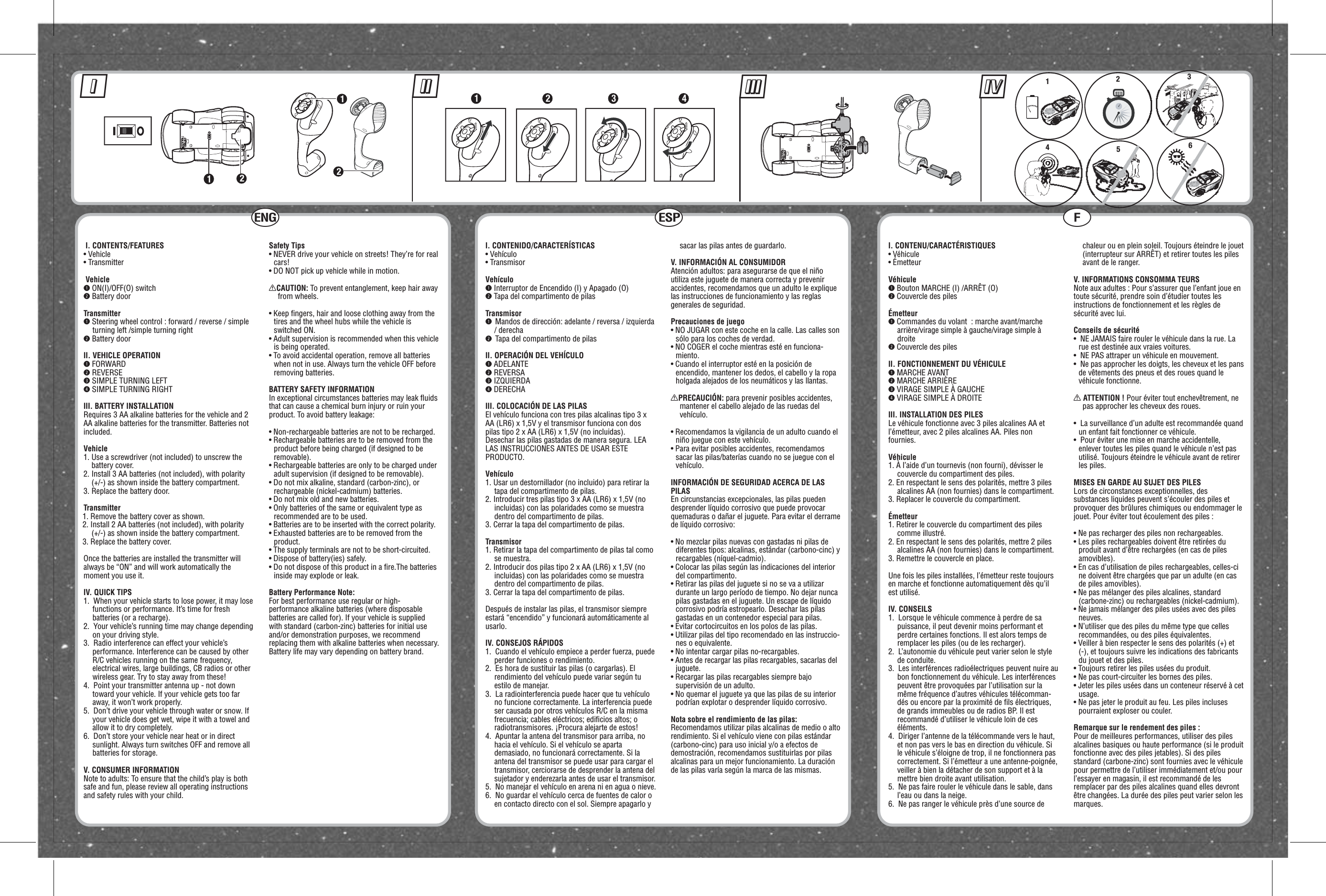 I. CONTENTS/FEATURES• Vehicle• TransmitterVehicleL ON(I)/OFF(O) switchR Battery doorTransmitterL Steering wheel control : forward / reverse / simple turning left /simple turning rightR Battery doorII. VEHICLE OPERATIONL FORWARDR REVERSE@ SIMPLE TURNING LEFTM SIMPLE TURNING RIGHTIII. BATTERY INSTALLATIONRequires 3 AA alkaline batteries for the vehicle and 2 AA alkaline batteries for the transmitter. Batteries not included.Vehicle1. Use a screwdriver (not included) to unscrew the battery cover. 2. Install 3 AA batteries (not included), with polarity (+/-) as shown inside the battery compartment. 3. Replace the battery door.Transmitter1. Remove the battery cover as shown.2. Install 2 AA batteries (not included), with polarity (+/-) as shown inside the battery compartment.3. Replace the battery cover.Once the batteries are installed the transmitter will always be “ON” and will work automatically the moment you use it.IV. QUICK TIPS1.  When your vehicle starts to lose power, it may lose functions or performance. It’s time for fresh batteries (or a recharge).2.  Your vehicle’s running time may change depending on your driving style.3.  Radio interference can effect your vehicle’s performance. Interference can be caused by other R/C vehicles running on the same frequency, electrical wires, large buildings, CB radios or other wireless gear. Try to stay away from these!4.  Point your transmitter antenna up - not down toward your vehicle. If your vehicle gets too far away, it won’t work properly.5.  Don’t drive your vehicle through water or snow. If your vehicle does get wet, wipe it with a towel and allow it to dry completely.6.  Don’t store your vehicle near heat or in direct sunlight. Always turn switches OFF and remove all batteries for storage.V. CONSUMER INFORMATIONNote to adults: To ensure that the child’s play is both safe and fun, please review all operating instructions and safety rules with your child.Safety Tips• NEVER drive your vehicle on streets! They’re for real cars!• DO NOT pick up vehicle while in motion.XCAUTION: To prevent entanglement, keep hair away from wheels.• Keep ﬁngers, hair and loose clothing away from the tires and the wheel hubs while the vehicle is switched ON.• Adult supervision is recommended when this vehicle is being operated.• To avoid accidental operation, remove all batteries when not in use. Always turn the vehicle OFF before removing batteries.BATTERY SAFETY INFORMATIONIn exceptional circumstances batteries may leak ﬂuids that can cause a chemical burn injury or ruin your product. To avoid battery leakage:• Non-rechargeable batteries are not to be recharged.• Rechargeable batteries are to be removed from the product before being charged (if designed to be removable).• Rechargeable batteries are only to be charged under adult supervision (if designed to be removable).• Do not mix alkaline, standard (carbon-zinc), or rechargeable (nickel-cadmium) batteries.• Do not mix old and new batteries.• Only batteries of the same or equivalent type as recommended are to be used.• Batteries are to be inserted with the correct polarity.• Exhausted batteries are to be removed from the product.• The supply terminals are not to be short-circuited.• Dispose of battery(ies) safely.• Do not dispose of this product in a ﬁre.The batteries inside may explode or leak.Battery Performance Note:For best performance use regular or high-performance alkaline batteries (where disposable batteries are called for). If your vehicle is supplied with standard (carbon-zinc) batteries for initial use and/or demonstration purposes, we recommend replacing them with alkaline batteries when necessary. Battery life may vary depending on battery brand.I. CONTENIDO/CARACTERÍSTICAS• Vehículo• Transmisor VehículoL Interruptor de Encendido (I) y Apagado (O)R Tapa del compartimento de pilasTransmisorLMandos de dirección: adelante / reversa / izquierda / derechaRTapa del compartimento de pilasII. OPERACIÓN DEL VEHÍCULOL ADELANTER REVERSA@ IZQUIERDAM DERECHAIII. COLOCACIÓN DE LAS PILASEl vehículo funciona con tres pilas alcalinas tipo 3 x AA (LR6) x 1,5V y el transmisor funciona con dos pilas tipo 2 x AA (LR6) x 1,5V (no incluidas). Desechar las pilas gastadas de manera segura. LEA LAS INSTRUCCIONES ANTES DE USAR ESTE PRODUCTO.Vehículo1. Usar un destornillador (no incluido) para retirar la tapa del compartimento de pilas. 2. Introducir tres pilas tipo 3 x AA (LR6) x 1,5V (no incluidas) con las polaridades como se muestra dentro del compartimento de pilas. 3. Cerrar la tapa del compartimento de pilas.Transmisor1. Retirar la tapa del compartimento de pilas tal como se muestra.2. Introducir dos pilas tipo 2 x AA (LR6) x 1,5V (no incluidas) con las polaridades como se muestra dentro del compartimento de pilas.3. Cerrar la tapa del compartimento de pilas.Después de instalar las pilas, el transmisor siempre estará “encendido” y funcionará automáticamente al usarlo.IV. CONSEJOS RÁPIDOS1.  Cuando el vehículo empiece a perder fuerza, puede perder funciones o rendimiento. 2.  Es hora de sustituir las pilas (o cargarlas). El rendimiento del vehículo puede variar según tu estilo de manejar.3.  La radiointerferencia puede hacer que tu vehículo no funcione correctamente. La interferencia puede ser causada por otros vehículos R/C en la misma frecuencia; cables eléctricos; ediﬁcios altos; o radiotransmisores. ¡Procura alejarte de estos!4.  Apuntar la antena del transmisor para arriba, no hacia el vehículo. Si el vehículo se aparta demasiado, no funcionará correctamente. Si la antena del transmisor se puede usar para cargar el transmisor, cerciorarse de desprender la antena del sujetador y enderezarla antes de usar el transmisor.5.  No manejar el vehículo en arena ni en agua o nieve. 6.  No guardar el vehículo cerca de fuentes de calor o en contacto directo con el sol. Siempre apagarlo y sacar las pilas antes de guardarlo.V. INFORMACIÓN AL CONSUMIDORAtención adultos: para asegurarse de que el niño utiliza este juguete de manera correcta y prevenir accidentes, recomendamos que un adulto le explique las instrucciones de funcionamiento y las reglas generales de seguridad.Precauciones de juego• NO JUGAR con este coche en la calle. Las calles son sólo para los coches de verdad.• NO COGER el coche mientras esté en funciona-miento.• Cuando el interruptor esté en la posición de encendido, mantener los dedos, el cabello y la ropa holgada alejados de los neumáticos y las llantas.XPRECAUCIÓN: para prevenir posibles accidentes, mantener el cabello alejado de las ruedas del vehículo.• Recomendamos la vigilancia de un adulto cuando el niño juegue con este vehículo.• Para evitar posibles accidentes, recomendamos sacar las pilas/baterías cuando no se juegue con el vehículo.INFORMACIÓN DE SEGURIDAD ACERCA DE LAS PILASEn circunstancias excepcionales, las pilas pueden desprender líquido corrosivo que puede provocar quemaduras o dañar el juguete. Para evitar el derrame de líquido corrosivo:• No mezclar pilas nuevas con gastadas ni pilas de diferentes tipos: alcalinas, estándar (carbono-cinc) y recargables (níquel-cadmio).• Colocar las pilas según las indicaciones del interior del compartimento.• Retirar las pilas del juguete si no se va a utilizar durante un largo período de tiempo. No dejar nunca pilas gastadas en el juguete. Un escape de líquido corrosivo podría estropearlo. Desechar las pilas gastadas en un contenedor especial para pilas.• Evitar cortocircuitos en los polos de las pilas.• Utilizar pilas del tipo recomendado en las instruccio-nes o equivalente.• No intentar cargar pilas no-recargables.• Antes de recargar las pilas recargables, sacarlas del juguete.• Recargar las pilas recargables siempre bajo supervisión de un adulto.• No quemar el juguete ya que las pilas de su interior podrían explotar o desprender líquido corrosivo.Nota sobre el rendimiento de las pilas:Recomendamos utilizar pilas alcalinas de medio o alto rendimiento. Si el vehículo viene con pilas estándar (carbono-cinc) para uso inicial y/o a efectos de demostración, recomendamos sustituirlas por pilas alcalinas para un mejor funcionamiento. La duración de las pilas varía según la marca de las mismas.I. CONTENU/CARACTÉRISTIQUES• Véhicule• ÉmetteurVéhiculeL Bouton MARCHE (I) /ARRÊT (O)R Couvercle des pilesÉmetteurL Commandes du volant  : marche avant/marche arrière/virage simple à gauche/virage simple à droiteR Couvercle des pilesII. FONCTIONNEMENT DU VÉHICULEL MARCHE AVANTR MARCHE ARRIÈRE@ VIRAGE SIMPLE À GAUCHEM VIRAGE SIMPLE À DROITEIII. INSTALLATION DES PILESLe véhicule fonctionne avec 3 piles alcalines AA et l’émetteur, avec 2 piles alcalines AA. Piles non fournies.Véhicule1. À l’aide d’un tournevis (non fourni), dévisser le couvercle du compartiment des piles.2. En respectant le sens des polarités, mettre 3 piles alcalines AA (non fournies) dans le compartiment. 3. Replacer le couvercle du compartiment.Émetteur1. Retirer le couvercle du compartiment des piles comme illustré.2. En respectant le sens des polarités, mettre 2 piles alcalines AA (non fournies) dans le compartiment. 3. Remettre le couvercle en place.Une fois les piles installées, l’émetteur reste toujours en marche et fonctionne automatiquement dès qu’il est utilisé.IV. CONSEILS1.  Lorsque le véhicule commence à perdre de sa puissance, il peut devenir moins performant et perdre certaines fonctions. Il est alors temps de remplacer les piles (ou de les recharger). 2.  L’autonomie du véhicule peut varier selon le style de conduite.3.  Les interférences radioélectriques peuvent nuire au bon fonctionnement du véhicule. Les interférences peuvent être provoquées par l’utilisation sur la même fréquence d’autres véhicules télécomman-dés ou encore par la proximité de ﬁls électriques, de grands immeubles ou de radios BP. Il est recommandé d’utiliser le véhicule loin de ces éléments.4.  Diriger l’antenne de la télécommande vers le haut, et non pas vers le bas en direction du véhicule. Si le véhicule s’éloigne de trop, il ne fonctionnera pas correctement. Si l’émetteur a une antenne-poignée, veiller à bien la détacher de son support et à la mettre bien droite avant utilisation.5.  Ne pas faire rouler le véhicule dans le sable, dans l’eau ou dans la neige. 6.  Ne pas ranger le véhicule près d’une source de chaleur ou en plein soleil. Toujours éteindre le jouet (interrupteur sur ARRÊT) et retirer toutes les piles avant de le ranger.V. INFORMATIONS CONSOMMA TEURSNote aux adultes : Pour s’assurer que l’enfant joue en toute sécurité, prendre soin d’étudier toutes les instructions de fonctionnement et les règles de sécurité avec lui.Conseils de sécurité•  NE JAMAIS faire rouler le véhicule dans la rue. La rue est destinée aux vraies voitures.•  NE PAS attraper un véhicule en mouvement. •  Ne pas approcher les doigts, les cheveux et les pans de vêtements des pneus et des roues quand le véhicule fonctionne.XATTENTION ! Pour éviter tout enchevêtrement, ne pas approcher les cheveux des roues.•  La surveillance d’un adulte est recommandée quand un enfant fait fonctionner ce véhicule.•  Pour éviter une mise en marche accidentelle, enlever toutes les piles quand le véhicule n’est pas utilisé. Toujours éteindre le véhicule avant de retirer les piles.MISES EN GARDE AU SUJET DES PILESLors de circonstances exceptionnelles, des substances liquides peuvent s’écouler des piles et provoquer des brûlures chimiques ou endommager le jouet. Pour éviter tout écoulement des piles :• Ne pas recharger des piles non rechargeables.• Les piles rechargeables doivent être retirées du produit avant d’être rechargées (en cas de piles amovibles).• En cas d’utilisation de piles rechargeables, celles-ci ne doivent être chargées que par un adulte (en cas de piles amovibles).• Ne pas mélanger des piles alcalines, standard (carbone-zinc) ou rechargeables (nickel-cadmium).• Ne jamais mélanger des piles usées avec des piles neuves.• N’utiliser que des piles du même type que celles recommandées, ou des piles équivalentes.• Veiller à bien respecter le sens des polarités (+) et (-), et toujours suivre les indications des fabricants du jouet et des piles.• Toujours retirer les piles usées du produit.• Ne pas court-circuiter les bornes des piles.• Jeter les piles usées dans un conteneur réservé à cet usage.• Ne pas jeter le produit au feu. Les piles incluses pourraient exploser ou couler.Remarque sur le rendement des piles :Pour de meilleures performances, utiliser des piles alcalines basiques ou haute performance (si le produit fonctionne avec des piles jetables). Si des piles standard (carbone-zinc) sont fournies avec le véhicule pour permettre de l’utiliser immédiatement et/ou pour l’essayer en magasin, il est recommandé de les remplacer par des piles alcalines quand elles devront être changées. La durée des piles peut varier selon les marques.1234h i j12121 2 3 4••••••••••••••123456