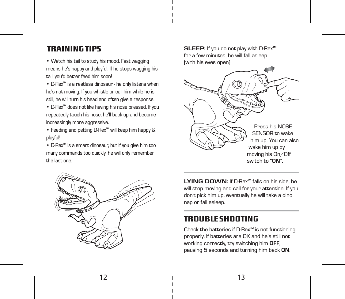 Check the batteries if D-Rex™ is not functioning properly. If batteries are OK and he’s still not working correctly, try switching him OFF, pausing 5 seconds and turning him back ON.LYING DOWN: If D-Rex™ falls on his side, he will stop moving and call for your attention. If you don&apos;t pick him up, eventually he will take a dino nap or fall asleep.• Watch his tail to study his mood. Fast wagging means he’s happy and playful. If he stops wagging his tail, you&apos;d better feed him soon!• D-Rex™ is a restless dinosaur - he only listens when he&apos;s not moving. If you whistle or call him while he is still, he will turn his head and often give a response.• D-Rex™ does not like having his nose pressed. If you repeatedly touch his nose, he’ll back up and become increasingly more aggressive.• Feeding and petting D-Rex™ will keep him happy &amp; playful!• D-Rex™ is a smart dinosaur, but if you give him too many commands too quickly, he will only remember the last one.Press his NOSE SENSOR to wake him up. You can also wake him up by moving his On/Oﬀ switch to “ON”.  SLEEP: If you do not play with D-Rex™ for a few minutes, he will fall asleep (with his eyes open).TRAINING TIPSTROUBLE SHOOTING1312