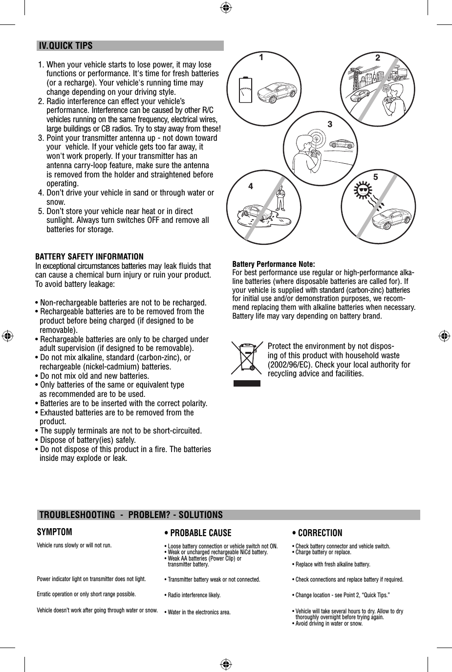 SYMPTOMVehicle runs slowly or will not run.Power indicator light on transmitter does not light.Erratic operation or only short range possible.Vehicle doesn’t work after going through water or snow.• PROBABLE CAUSE•  Loose battery connection or vehicle switch not ON.•  Weak or uncharged rechargeable NiCd battery. •  Weak AA batteries (Power Clip) or transmitter battery.• Transmitter battery weak or not connected.•  Radio interference likely.• Water in the electronics area.• CORRECTION•  Check battery connector and vehicle switch.•  Charge battery or replace.•  Replace with fresh alkaline battery.•  Check connections and replace battery if required.• Change location - see Point 2, “Quick Tips.”•  Vehicle will take several hours to dry. Allow to dry thoroughly overnight before trying again.• Avoid driving in water or snow. TROUBLESHOOTING  -  PROBLEM? - SOLUTIONSBattery Performance Note:For best performance use regular or high-performance alka-line batteries (where disposable batteries are called for). If your vehicle is supplied with standard (carbon-zinc) batteries for initial use and/or demonstration purposes, we recom-mend replacing them with alkaline batteries when necessary. Battery life may vary depending on battery brand.BATTERY SAFETY INFORMATIONIn exceptional circumstances batteries may leak fluids that can cause a chemical burn injury or ruin your product. To avoid battery leakage:• Non-rechargeable batteries are not to be recharged.• Rechargeable batteries are to be removed from the product before being charged (if designed to be removable).• Rechargeable batteries are only to be charged under adult supervision (if designed to be removable).• Do not mix alkaline, standard (carbon-zinc), or rechargeable (nickel-cadmium) batteries.• Do not mix old and new batteries.• Only batteries of the same or equivalent type as recommended are to be used.• Batteries are to be inserted with the correct polarity.• Exhausted batteries are to be removed from the product.• The supply terminals are not to be short-circuited.• Dispose of battery(ies) safely.• Do not dispose of this product in a fire. The batteries inside may explode or leak.Protect the environment by not dispos-ing of this product with household waste (2002/96/EC). Check your local authority for recycling advice and facilities. 1.  When your vehicle starts to lose power, it may lose functions or performance. It&apos;s time for fresh batteries (or a recharge). Your vehicle&apos;s running time may change depending on your driving style.2.  Radio interference can effect your vehicle’s performance. Interference can be caused by other R/C vehicles running on the same frequency, electrical wires, large buildings or CB radios. Try to stay away from these!3.   Point your transmitter antenna up - not down toward your  vehicle. If your vehicle gets too far away, it won&apos;t work properly. If your transmitter has an antenna carry-loop feature, make sure the antenna is removed from the holder and straightened before operating. 4.  Don’t drive your vehicle in sand or through water or snow.5.  Don’t store your vehicle near heat or in direct sunlight. Always turn switches OFF and remove all batteries for storage. IV.QUICK TIPS21543