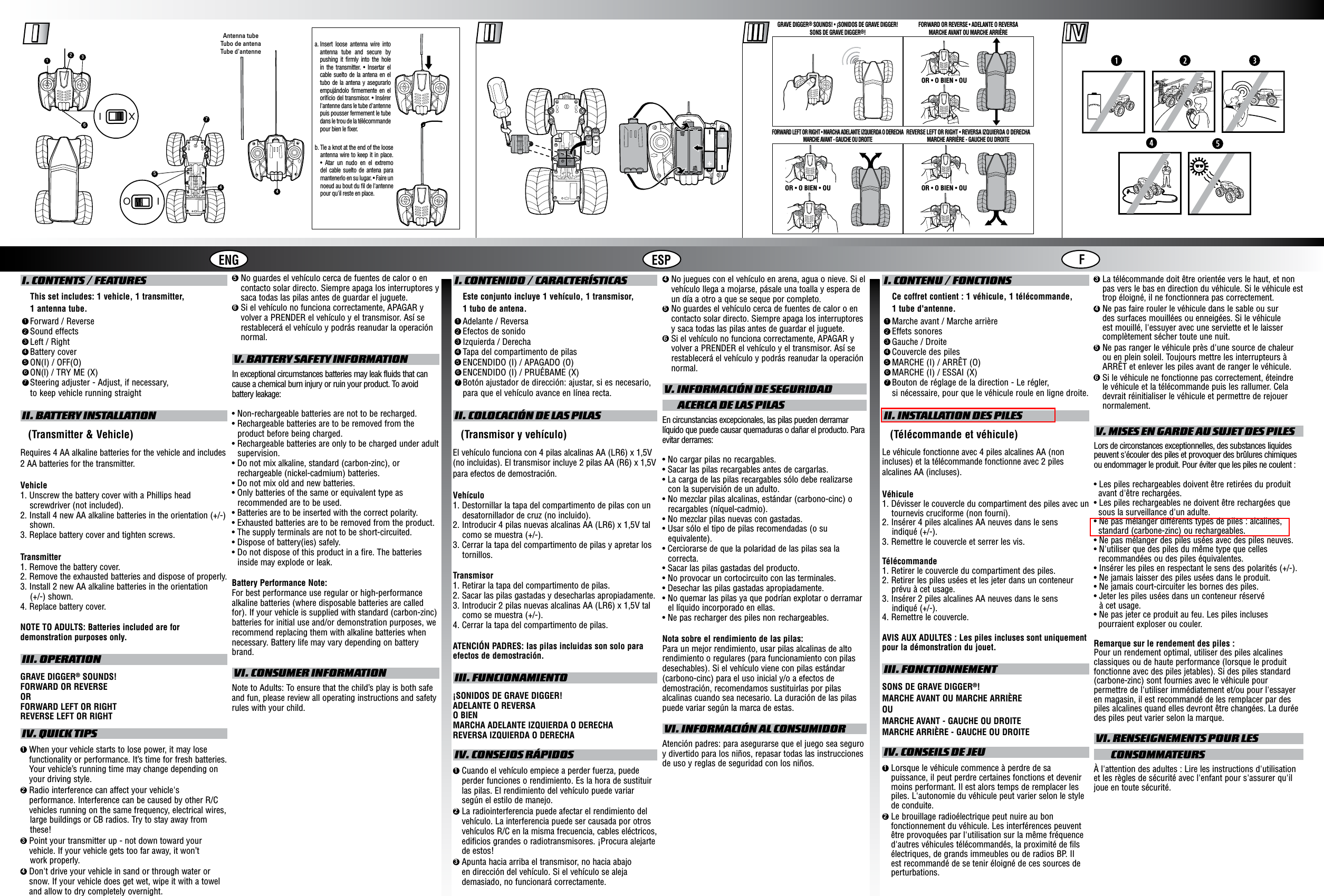 12345671234567ENG ESP F I. CONTENTS / FEATURES    This set includes: 1 vehicle, 1 transmitter,     1 antenna tube.    Forward / Reverse    Sound effects    Left / Right    Battery cover    ON(I) / OFF(O)    ON(l) / TRY ME (X)    Steering adjuster - Adjust, if necessary,    to keep vehicle running straight    II. BATTERY INSTALLATION   (Transmitter &amp; Vehicle)Requires 4 AA alkaline batteries for the vehicle and includes 2 AA batteries for the transmitter.Vehicle1. Unscrew the battery cover with a Phillips head screwdriver (not included).2. Install 4 new AA alkaline batteries in the orientation (+/-) shown.3. Replace battery cover and tighten screws.Transmitter1. Remove the battery cover.2. Remove the exhausted batteries and dispose of properly.3. Install 2 new AA alkaline batteries in the orientation     (+/-) shown.4. Replace battery cover.NOTE TO ADULTS: Batteries included are for demonstration purposes only. III. OPERATIONGRAVE DIGGER® SOUNDS!FORWARD OR REVERSEORFORWARD LEFT OR RIGHTREVERSE LEFT OR RIGHT IV. QUICK TIPS1  When your vehicle starts to lose power, it may lose functionality or performance. It’s time for fresh batteries. Your vehicle’s running time may change depending on your driving style.2  Radio interference can affect your vehicle&apos;s performance. Interference can be caused by other R/C vehicles running on the same frequency, electrical wires,    large buildings or CB radios. Try to stay away from       these!3  Point your transmitter up - not down toward your vehicle. If your vehicle gets too far away, it won’t      work properly.4  Don&apos;t drive your vehicle in sand or through water or snow. If your vehicle does get wet, wipe it with a towel and allow to dry completely overnight. I. CONTENU / FONCTIONS    Ce coffret contient : 1 véhicule, 1 télécommande,     1 tube d&apos;antenne.    Marche avant / Marche arrière    Effets sonores    Gauche / Droite    Couvercle des piles    MARCHE (I) / ARRÊT (O)    MARCHE (I) / ESSAI (X)    Bouton de réglage de la direction - Le régler,     si nécessaire, pour que le véhicule roule en ligne droite.  II. INSTALLATION DES PILES   (Télécommande et véhicule)Le véhicule fonctionne avec 4 piles alcalines AA (non incluses) et la télécommande fonctionne avec 2 piles alcalines AA (incluses).Véhicule1. Dévisser le couvercle du compartiment des piles avec un tournevis cruciforme (non fourni).2. Insérer 4 piles alcalines AA neuves dans le sens     indiqué (+/-).3. Remettre le couvercle et serrer les vis.Télécommande1. Retirer le couvercle du compartiment des piles.2. Retirer les piles usées et les jeter dans un conteneur prévu à cet usage.3. Insérer 2 piles alcalines AA neuves dans le sens     indiqué (+/-).4. Remettre le couvercle.AVIS AUX ADULTES : Les piles incluses sont uniquement pour la démonstration du jouet. III. FONCTIONNEMENTSONS DE GRAVE DIGGER®!MARCHE AVANT OU MARCHE ARRIÈREOUMARCHE AVANT - GAUCHE OU DROITEMARCHE ARRIÈRE - GAUCHE OU DROITE IV. CONSEILS DE JEU1  Lorsque le véhicule commence à perdre de sa puissance, il peut perdre certaines fonctions et devenir moins performant. Il est alors temps de remplacer les piles. L&apos;autonomie du véhicule peut varier selon le style de conduite.2  Le brouillage radioélectrique peut nuire au bon fonctionnement du véhicule. Les interférences peuvent être provoquées par l&apos;utilisation sur la même fréquence d&apos;autres véhicules télécommandés, la proximité de fils électriques, de grands immeubles ou de radios BP. Il est recommandé de se tenir éloigné de ces sources de perturbations.5  No guardes el vehículo cerca de fuentes de calor o en contacto solar directo. Siempre apaga los interruptores y saca todas las pilas antes de guardar el juguete.6  Si el vehículo no funciona correctamente, APAGAR y volver a PRENDER el vehículo y el transmisor. Así se restablecerá el vehículo y podrás reanudar la operación normal. V. BATTERY SAFETY INFORMATIONIn exceptional circumstances batteries may leak fluids that can cause a chemical burn injury or ruin your product. To avoid battery leakage:• Non-rechargeable batteries are not to be recharged.• Rechargeable batteries are to be removed from the product before being charged.• Rechargeable batteries are only to be charged under adult supervision.• Do not mix alkaline, standard (carbon-zinc), or rechargeable (nickel-cadmium) batteries.• Do not mix old and new batteries.• Only batteries of the same or equivalent type as recommended are to be used.• Batteries are to be inserted with the correct polarity.• Exhausted batteries are to be removed from the product.• The supply terminals are not to be short-circuited.• Dispose of battery(ies) safely.• Do not dispose of this product in a fire. The batteries inside may explode or leak.Battery Performance Note:For best performance use regular or high-performance alkaline batteries (where disposable batteries are called for). If your vehicle is supplied with standard (carbon-zinc) batteries for initial use and/or demonstration purposes, we recommend replacing them with alkaline batteries when necessary. Battery life may vary depending on battery brand. VI. CONSUMER INFORMATIONNote to Adults: To ensure that the child’s play is both safe and fun, please review all operating instructions and safety rules with your child. V. MISES EN GARDE AU SUJET DES PILESLors de circonstances exceptionnelles, des substances liquides peuvent s&apos;écouler des piles et provoquer des brûlures chimiques ou endommager le produit. Pour éviter que les piles ne coulent :• Les piles rechargeables doivent être retirées du produit avant d&apos;être rechargées.• Les piles rechargeables ne doivent être rechargées que sous la surveillance d&apos;un adulte.• Ne pas mélanger différents types de piles : alcalines, standard (carbone-zinc) ou rechargeables.• Ne pas mélanger des piles usées avec des piles neuves.• N&apos;utiliser que des piles du même type que celles recommandées ou des piles équivalentes.• Insérer les piles en respectant le sens des polarités (+/-).• Ne jamais laisser des piles usées dans le produit.• Ne jamais court-circuiter les bornes des piles.• Jeter les piles usées dans un conteneur réservé   à cet usage.• Ne pas jeter ce produit au feu. Les piles incluses pourraient exploser ou couler.Remarque sur le rendement des piles :Pour un rendement optimal, utiliser des piles alcalines classiques ou de haute performance (lorsque le produit fonctionne avec des piles jetables). Si des piles standard (carbone-zinc) sont fournies avec le véhicule pour permettre de l&apos;utiliser immédiatement et/ou pour l&apos;essayer en magasin, il est recommandé de les remplacer par des piles alcalines quand elles devront être changées. La durée des piles peut varier selon la marque. VI. RENSEIGNEMENTS POUR LES         CONSOMMATEURSÀ l&apos;attention des adultes : Lire les instructions d&apos;utilisation et les règles de sécurité avec l&apos;enfant pour s&apos;assurer qu&apos;il joue en toute sécurité.3  La télécommande doit être orientée vers le haut, et non pas vers le bas en direction du véhicule. Si le véhicule est trop éloigné, il ne fonctionnera pas correctement.4  Ne pas faire rouler le véhicule dans le sable ou sur des surfaces mouillées ou enneigées. Si le véhicule est mouillé, l&apos;essuyer avec une serviette et le laisser complètement sécher toute une nuit.5  Ne pas ranger le véhicule près d&apos;une source de chaleur ou en plein soleil. Toujours mettre les interrupteurs à ARRÊT et enlever les piles avant de ranger le véhicule.6  Si le véhicule ne fonctionne pas correctement, éteindre le véhicule et la télécommande puis les rallumer. Cela devrait réinitialiser le véhicule et permettre de rejouer normalement.4  No juegues con el vehículo en arena, agua o nieve. Si el vehículo llega a mojarse, pásale una toalla y espera de un día a otro a que se seque por completo.5  No guardes el vehículo cerca de fuentes de calor o en contacto solar directo. Siempre apaga los interruptores y saca todas las pilas antes de guardar el juguete.6  Si el vehículo no funciona correctamente, APAGAR y volver a PRENDER el vehículo y el transmisor. Así se restablecerá el vehículo y podrás reanudar la operación normal. V. INFORMACIÓN DE SEGURIDAD        ACERCA DE LAS PILASEn circunstancias excepcionales, las pilas pueden derramar líquido que puede causar quemaduras o dañar el producto. Para evitar derrames:• No cargar pilas no recargables.• Sacar las pilas recargables antes de cargarlas.• La carga de las pilas recargables sólo debe realizarse con la supervisión de un adulto.• No mezclar pilas alcalinas, estándar (carbono-cinc) o recargables (níquel-cadmio).• No mezclar pilas nuevas con gastadas.• Usar sólo el tipo de pilas recomendadas (o su equivalente).• Cerciorarse de que la polaridad de las pilas sea la correcta.• Sacar las pilas gastadas del producto.• No provocar un cortocircuito con las terminales.• Desechar las pilas gastadas apropiadamente.• No quemar las pilas ya que podrían explotar o derramar el líquido incorporado en ellas.• Ne pas recharger des piles non rechargeables.Nota sobre el rendimiento de las pilas:Para un mejor rendimiento, usar pilas alcalinas de alto rendimiento o regulares (para funcionamiento con pilas desechables). Si el vehículo viene con pilas estándar (carbono-cinc) para el uso inicial y/o a efectos de demostración, recomendamos sustituirlas por pilas alcalinas cuando sea necesario. La duración de las pilas puede variar según la marca de estas. VI. INFORMACIÓN AL CONSUMIDORAtención padres: para asegurarse que el juego sea seguro y divertido para los niños, repasar todas las instrucciones de uso y reglas de seguridad con los niños.123456712663X I4Antenna tubeTubo de antenaTube d&apos;antenne574O Ia.  Insert loose antenna wire into antenna tube and secure by pushing it ﬁrmly into the hole in  the  transmitter.  •  Insertar el cable suelto de la antena en el tubo de la antena y asegurarlo empujándolo ﬁrmemente en el oricio del transmisor. • Insérer l&apos;antenne dans le tube d&apos;antenne puis pousser fermement le tube dans le trou de la télécommande pour bien le ﬁxer.b.  Tie a knot at the end of the loose antenna wire to keep it in place. •  Atar  un  nudo  en  el  extremo del cable suelto de antena para mantenerlo en su lugar. • Faire un noeud au bout du ﬁl de l&apos;antenne pour qu&apos;il reste en place. I. CONTENIDO / CARACTERÍSTICAS    Este conjunto incluye 1 vehículo, 1 transmisor,     1 tubo de antena.    Adelante / Reversa    Efectos de sonido    Izquierda / Derecha    Tapa del compartimento de pilas    ENCENDIDO (I) / APAGADO (O)    ENCENDIDO (I) / PRUÉBAME (X)    Botón ajustador de dirección: ajustar, si es necesario,         para que el vehículo avance en línea recta.    II. COLOCACIÓN DE LAS PILAS   (Transmisor y vehículo)El vehículo funciona con 4 pilas alcalinas AA (LR6) x 1,5V (no incluidas). El transmisor incluye 2 pilas AA (R6) x 1,5V para efectos de demostración.Vehículo1. Destornillar la tapa del compartimento de pilas con un desatornillador de cruz (no incluido).2. Introducir 4 pilas nuevas alcalinas AA (LR6) x 1,5V tal como se muestra (+/-).3. Cerrar la tapa del compartimento de pilas y apretar los tornillos.Transmisor1. Retirar la tapa del compartimento de pilas.2. Sacar las pilas gastadas y desecharlas apropiadamente.3. Introducir 2 pilas nuevas alcalinas AA (LR6) x 1,5V tal como se muestra (+/-).4. Cerrar la tapa del compartimento de pilas.ATENCIÓN PADRES: las pilas incluidas son solo para efectos de demostración. III. FUNCIONAMIENTO¡SONIDOS DE GRAVE DIGGER!ADELANTE O REVERSAO BIENMARCHA ADELANTE IZQUIERDA O DERECHAREVERSA IZQUIERDA O DERECHA IV. CONSEJOS RÁPIDOS1  Cuando el vehículo empiece a perder fuerza, puede perder funciones o rendimiento. Es la hora de sustituir las pilas. El rendimiento del vehículo puede variar según el estilo de manejo.2  La radiointerferencia puede afectar el rendimiento del vehículo. La interferencia puede ser causada por otros vehículos R/C en la misma frecuencia, cables eléctricos, edificios grandes o radiotransmisores. ¡Procura alejarte de estos!3  Apunta hacia arriba el transmisor, no hacia abajo en dirección del vehículo. Si el vehículo se aleja demasiado, no funcionará correctamente.GRAVE DIGGER® SOUNDS! • ¡SONIDOS DE GRAVE DIGGER!SONS DE GRAVE DIGGER®!FORWARD LEFT OR RIGHT • MARCHA ADELANTE IZQUIERDA O DERECHAMARCHE AVANT - GAUCHE OU DROITEFORWARD OR REVERSE • ADELANTE O REVERSAMARCHE AVANT OU MARCHE ARRIÈREREVERSE LEFT OR RIGHT • REVERSA IZQUIERDA O DERECHAMARCHE ARRIÈRE - GAUCHE OU DROITEOR • O BIEN • OU OR • O BIEN • OUOR • O BIEN • OU