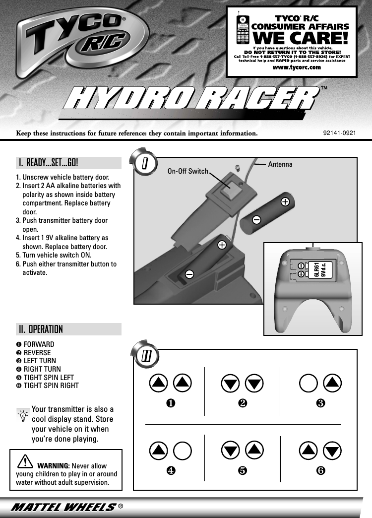 Keep these instructions for future reference: they contain important information. 92141-0921I. READY…SET…GO!1. Unscrew vehicle battery door.2. Insert 2 AA alkaline batteries withpolarity as shown inside batterycompartment. Replace batterydoor.3. Push transmitter battery dooropen.4. Insert 1 9V alkaline battery asshown. Replace battery door.5. Turn vehicle switch ON.6. Push either transmitter button toactivate.II. OPERATION❶ FORWARD❷ REVERSE❸ LEFT TURN❹ RIGHT TURN❺ TIGHT SPIN LEFT❻ TIGHT SPIN RIGHTYour transmitter is also acool display stand. Storeyour vehicle on it whenyou’re done playing.WARNING: Never allowyoung children to play in or aroundwater without adult supervision.HYDRO RACERHYDRO RACER™❶On-Off Switch❷❹ ❻❺❸Antenna6LR619V d.c.