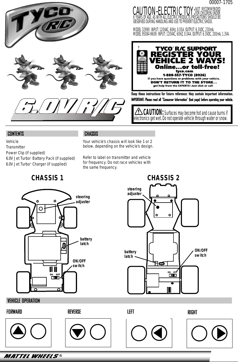 CONTENTSVehicleTransmitterPower Clip (if supplied)6.0V Jet Turbo®Battery Pack (if supplied)6.0V Jet Turbo®Charger (if supplied)CHASSISYour vehicle’s chassis will look like 1 or 2below, depending on the vehicle’s design.Refer to label on transmitter and vehiclefor frequency. Do not race vehicles withthe same frequency.Keep these instructions for future reference: they contain important information.IMPORTANT: Please read all “Consumer Information” (last page) before operating your vehicle.6.0V R/C6.0V R/CCAUTION:Surfaces may become hot and cause burns ifelectronics get wet. Do not operate vehicle through water or snow.FORWARD REVERSE LEFT RIGHTVEHICLE OPERATIONON/OFFswitchON/OFFswitchsteeringadjustersteeringadjusterbatterylatchbatterylatchNOT RECOMMENDED FOR CHILDREN UNDER 6 YEARS OF AGE. AS WITH ALL ELECTRIC PRODUCTS,PRECAUTIONS SHOULD BE OBSERVED DURING HANDLING AND USE TO PREVENT ELECTRIC SHOCK.CAUTION-ELECTRIC TOY:MODEL 32990: INPUT: 120VAC, 60Hz, 0.05A. OUTPUT: 6.3VDC, 230mA.MODEL 95084-9609: INPUT: 120VAC, 60HZ, 0.04A. OUTPUT: 6.3VDC, 200mA, 1.3VA.CHASSIS 1 CHASSIS 200007-1705 