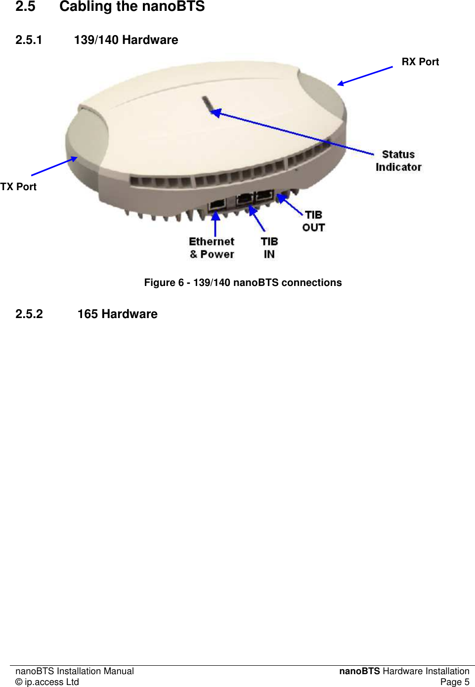 nanoBTS Installation Manual  nanoBTS Hardware Installation © ip.access Ltd  Page 5   2.5  Cabling the nanoBTS 2.5.1  139/140 Hardware  Figure 6 - 139/140 nanoBTS connections 2.5.2   165 Hardware  TX Port RX Port 