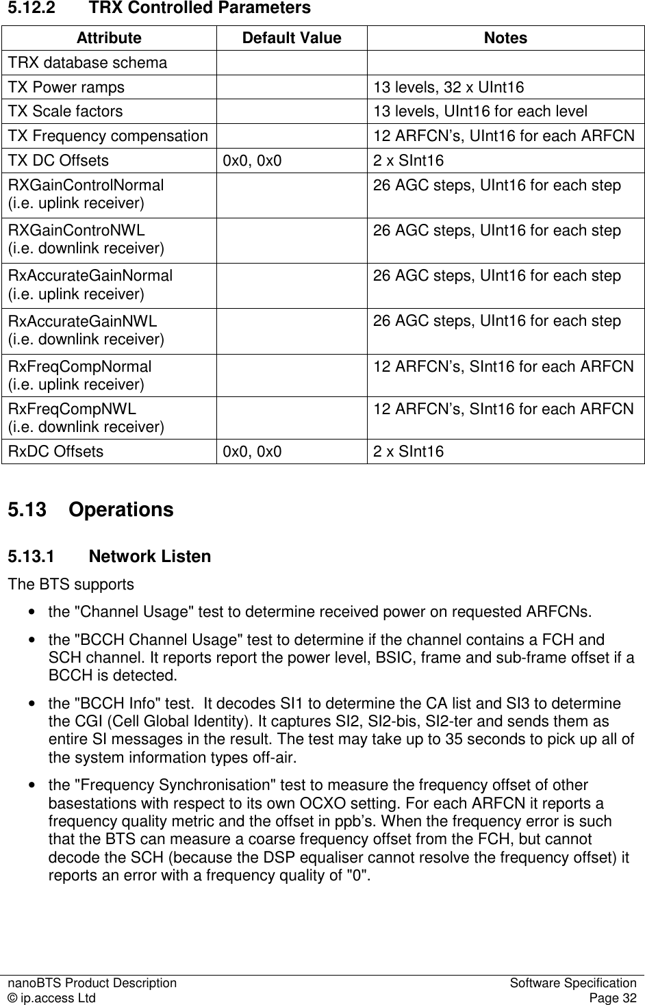 nanoBTS Product Description  Software Specification © ip.access Ltd  Page 32  5.12.2  TRX Controlled Parameters Attribute  Default Value  Notes TRX database schema     TX Power ramps    13 levels, 32 x UInt16 TX Scale factors    13 levels, UInt16 for each level TX Frequency compensation   12 ARFCN’s, UInt16 for each ARFCN TX DC Offsets  0x0, 0x0  2 x SInt16 RXGainControlNormal  (i.e. uplink receiver)      26 AGC steps, UInt16 for each step  RXGainControNWL  (i.e. downlink receiver)    26 AGC steps, UInt16 for each step  RxAccurateGainNormal  (i.e. uplink receiver)      26 AGC steps, UInt16 for each step  RxAccurateGainNWL  (i.e. downlink receiver)    26 AGC steps, UInt16 for each step  RxFreqCompNormal  (i.e. uplink receiver)    12 ARFCN’s, SInt16 for each ARFCN RxFreqCompNWL  (i.e. downlink receiver)    12 ARFCN’s, SInt16 for each ARFCN RxDC Offsets  0x0, 0x0  2 x SInt16 5.13  Operations 5.13.1  Network Listen The BTS supports  •   the &quot;Channel Usage&quot; test to determine received power on requested ARFCNs. •   the &quot;BCCH Channel Usage&quot; test to determine if the channel contains a FCH and SCH channel. It reports report the power level, BSIC, frame and sub-frame offset if a BCCH is detected.  •  the &quot;BCCH Info&quot; test.  It decodes SI1 to determine the CA list and SI3 to determine the CGI (Cell Global Identity). It captures SI2, SI2-bis, SI2-ter and sends them as entire SI messages in the result. The test may take up to 35 seconds to pick up all of the system information types off-air.  •   the &quot;Frequency Synchronisation&quot; test to measure the frequency offset of other basestations with respect to its own OCXO setting. For each ARFCN it reports a frequency quality metric and the offset in ppb’s. When the frequency error is such that the BTS can measure a coarse frequency offset from the FCH, but cannot decode the SCH (because the DSP equaliser cannot resolve the frequency offset) it reports an error with a frequency quality of &quot;0&quot;.  
