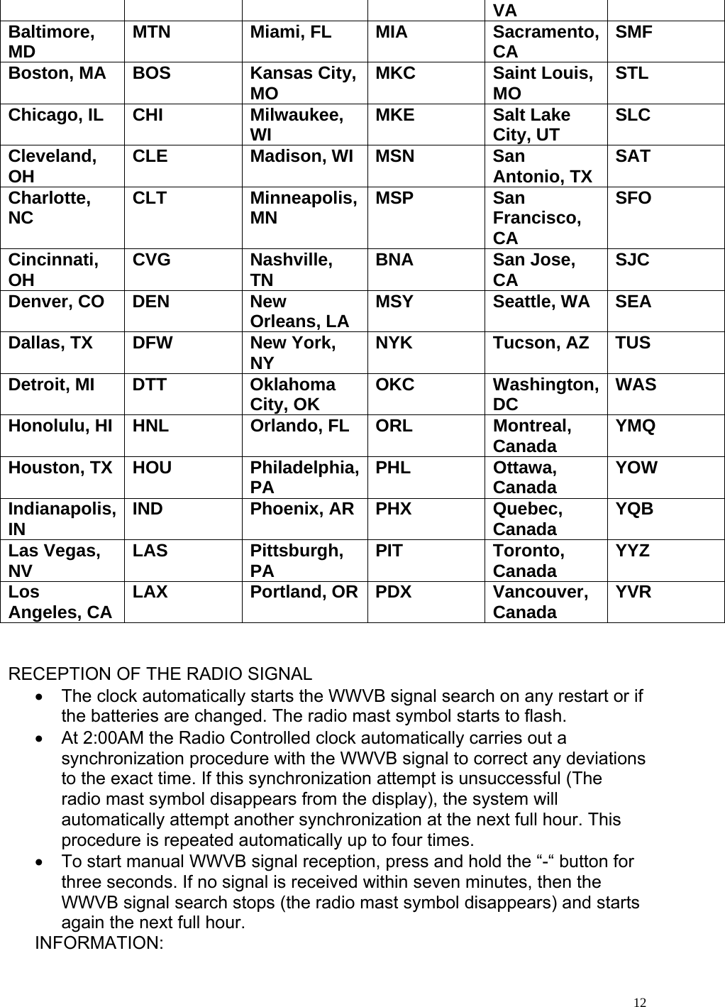   12VA Baltimore, MD  MTN Miami, FL MIA  Sacramento, CA  SMF Boston, MA  BOS  Kansas City, MO  MKC Saint Louis, MO  STL Chicago, IL  CHI  Milwaukee, WI  MKE Salt Lake City, UT  SLC Cleveland, OH   CLE Madison, WI MSN San Antonio, TX  SAT Charlotte, NC  CLT Minneapolis, MN  MSP San Francisco, CA SFO Cincinnati, OH  CVG Nashville, TN  BNA San Jose, CA  SJC Denver, CO  DEN  New Orleans, LA  MSY Seattle, WA SEA Dallas, TX  DFW  New York, NY  NYK Tucson, AZ TUS Detroit, MI  DTT  Oklahoma City, OK  OKC Washington, DC  WAS Honolulu, HI  HNL  Orlando, FL  ORL  Montreal, Canada  YMQ Houston, TX  HOU  Philadelphia, PA  PHL Ottawa, Canada   YOW Indianapolis, IN  IND Phoenix, AR PHX Quebec, Canada  YQB Las Vegas, NV  LAS Pittsburgh, PA  PIT Toronto, Canada  YYZ Los Angeles, CA  LAX Portland, OR PDX Vancouver, Canada  YVR   RECEPTION OF THE RADIO SIGNAL •  The clock automatically starts the WWVB signal search on any restart or if the batteries are changed. The radio mast symbol starts to flash. •  At 2:00AM the Radio Controlled clock automatically carries out a synchronization procedure with the WWVB signal to correct any deviations to the exact time. If this synchronization attempt is unsuccessful (The radio mast symbol disappears from the display), the system will automatically attempt another synchronization at the next full hour. This procedure is repeated automatically up to four times.  •  To start manual WWVB signal reception, press and hold the “-“ button for three seconds. If no signal is received within seven minutes, then the WWVB signal search stops (the radio mast symbol disappears) and starts again the next full hour. INFORMATION: 