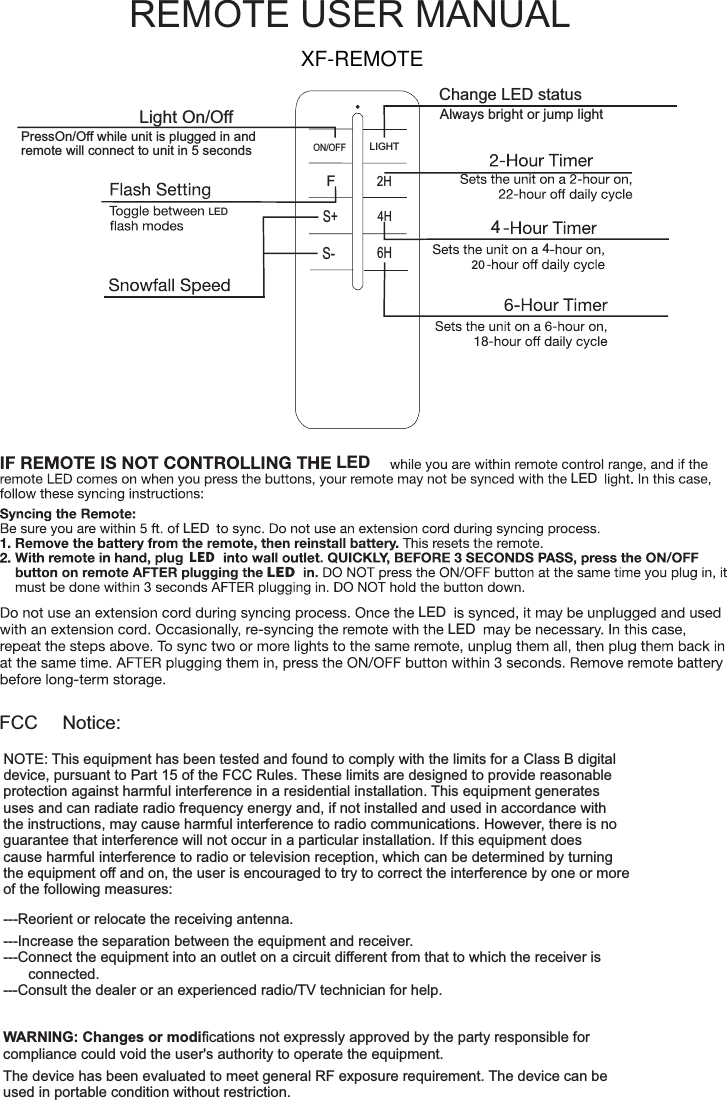 FCC  Notice:NOTE: This equipment has been tested and found to comply with the limits for a Class B digital device, pursuant to Part 15 of the FCC Rules. These limits are designed to provide reasonable protection against harmful interference in a residential installation. This equipment generates uses and can radiate radio frequency energy and, if not installed and used in accordance with the instructions, may cause harmful interference to radio communications. However, there is no guarantee that interference will not occur in a particular installation. If this equipment does cause harmful interference to radio or television reception, which can be determined by turning the equipment off and on, the user is encouraged to try to correct the interference by one or more of the following measures: ---Reorient or relocate the receiving antenna.---Increase the separation between the equipment and receiver.  ---Connect the equipment into an outlet on a circuit different from that to which the receiver is connected.---Consult the dealer or an experienced radio/TV technician for help.WARNING: Changes or modiﬁcations not expressly approved by the party responsible for compliance could void the user&apos;s authority to operate the equipment. The device has been evaluated to meet general RF exposure requirement. The device can be used in portable condition without restriction.REMOTE USER MANUALLEDLEDLEDLEDAlways bright or jump lightChange LED statusF2HS+S-4H6HON/OFFLIGHTLight On/OffPressOn/Off while unit is plugged in and remote will connect to unit in 5 seconds4420LEDLEDLEDLEDXF-REMOTE