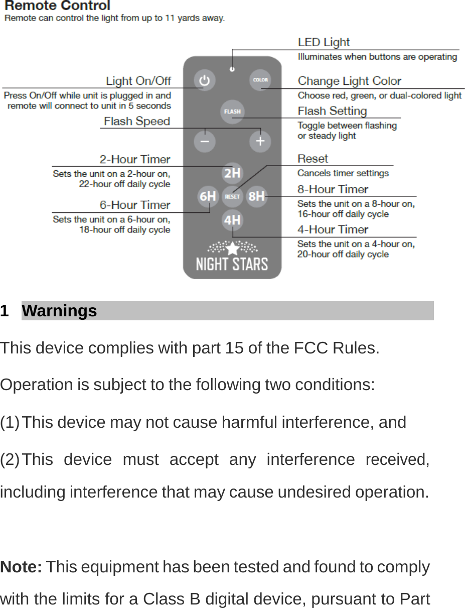  1 Warnings   This device complies with part 15 of the FCC Rules. Operation is subject to the following two conditions: (1) This device may not cause harmful interference, and (2) This device must accept any interference received, including interference that may cause undesired operation. Note: This equipment has been tested and found to comply with the limits for a Class B digital device, pursuant to Part 