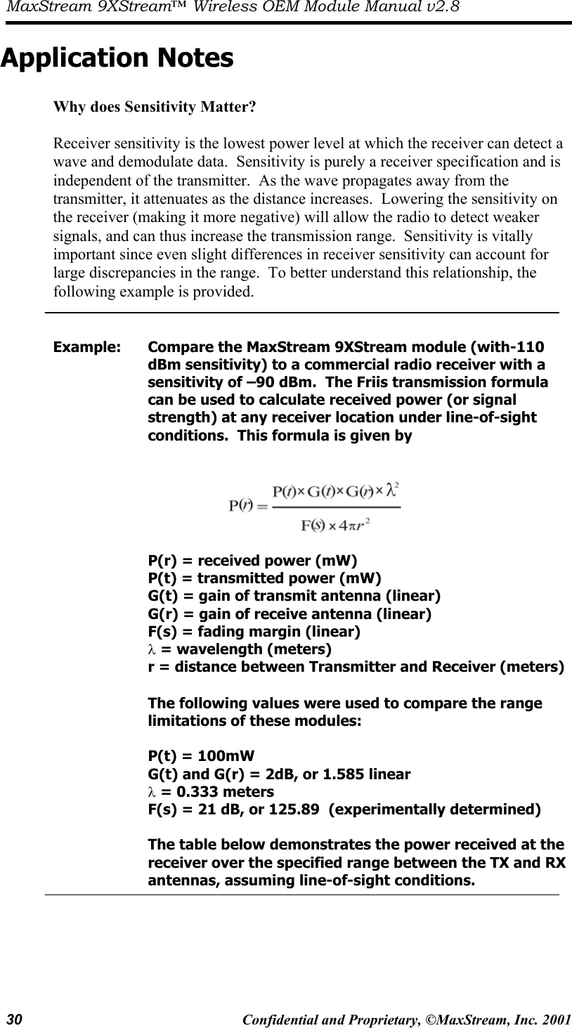 MaxStream 9XStream™ Wireless OEM Module Manual v2.8 30  Confidential and Proprietary, ©MaxStream, Inc. 2001  Application Notes  Why does Sensitivity Matter?  Receiver sensitivity is the lowest power level at which the receiver can detect a wave and demodulate data.  Sensitivity is purely a receiver specification and is independent of the transmitter.  As the wave propagates away from the transmitter, it attenuates as the distance increases.  Lowering the sensitivity on the receiver (making it more negative) will allow the radio to detect weaker signals, and can thus increase the transmission range.  Sensitivity is vitally important since even slight differences in receiver sensitivity can account for large discrepancies in the range.  To better understand this relationship, the following example is provided.   Example:    Compare the MaxStream 9XStream module (with-110      dBm sensitivity) to a commercial radio receiver with a      sensitivity of –90 dBm.  The Friis transmission formula      can be used to calculate received power (or signal          strength) at any receiver location under line-of-sight        conditions.  This formula is given by     P(r) = received power (mW) P(t) = transmitted power (mW) G(t) = gain of transmit antenna (linear) G(r) = gain of receive antenna (linear) F(s) = fading margin (linear) λ = wavelength (meters) r = distance between Transmitter and Receiver (meters)  The following values were used to compare the range limitations of these modules:  P(t) = 100mW G(t) and G(r) = 2dB, or 1.585 linear λ = 0.333 meters F(s) = 21 dB, or 125.89  (experimentally determined)  The table below demonstrates the power received at the receiver over the specified range between the TX and RX antennas, assuming line-of-sight conditions.     