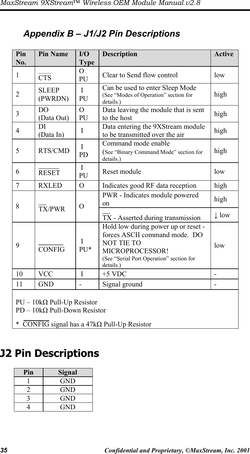 MaxStream 9XStream™ Wireless OEM Module Manual v2.8 35  Confidential and Proprietary, ©MaxStream, Inc. 2001   Appendix B – J1/J2 Pin Descriptions  Pin No. Pin Name  I/O Type Description  Active 1  _____ CTS O      PU  Clear to Send flow control  low 2  SLEEP (PWRDN)  I      PU Can be used to enter Sleep Mode (See “Modes of Operation” section for details.) high 3  DO  (Data Out) O      PU Data leaving the module that is sent to the host  high 4  DI (Data In)   I   Data entering the 9XStream module to be transmitted over the air  high 5 RTS/CMD  I      PD Command mode enable (See “Binary Command Mode” section for details.) high 6 ________ RESET   I      PU  Reset module  low 7  RXLED  O  Indicates good RF data reception  high PWR - Indicates module powered on  high 8  ___ TX/PWR  O  ___ TX - Asserted during transmission  ↓ low 9  _______ CONFIG  I    PU* Hold low during power up or reset - forces ASCII command mode.  DO NOT TIE TO MICROPROCESSOR!   (See “Serial Port Operation” section for details.) low 10  VCC   I  +5 VDC  - 11 GND  -  Signal ground  -  PU – 10kΩ Pull-Up Resistor PD – 10kΩ Pull-Down Resistor        *  CONFIG signal has a 47kΩ Pull-Up Resistor   J2 Pin Descriptions  Pin  Signal 1 GND 2 GND 3 GND 4 GND   