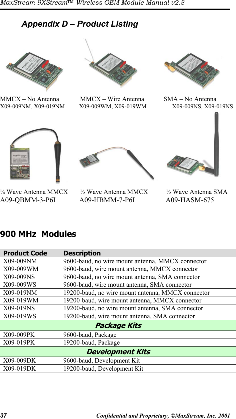 MaxStream 9XStream™ Wireless OEM Module Manual v2.8 37  Confidential and Proprietary, ©MaxStream, Inc. 2001   Appendix D – Product Listing                  MMCX – No Antenna          MMCX – Wire Antenna            SMA – No Antenna X09-009NM, X09-019NM         X09-009WM, X09-019WM              X09-009NS, X09-019NS        ¼ Wave Antenna MMCX        ½ Wave Antenna MMCX           ½ Wave Antenna SMA A09-QBMM-3-P6I          A09-HBMM-7-P6I                 A09-HASM-675    900 MHz  Modules  Product Code  Description X09-009NM  9600-baud, no wire mount antenna, MMCX connector X09-009WM  9600-baud, wire mount antenna, MMCX connector X09-009NS  9600-baud, no wire mount antenna, SMA connector X09-009WS  9600-baud, wire mount antenna, SMA connector X09-019NM  19200-baud, no wire mount antenna, MMCX connector X09-019WM  19200-baud, wire mount antenna, MMCX connector X09-019NS  19200-baud, no wire mount antenna, SMA connector X09-019WS  19200-baud, wire mount antenna, SMA connector Package Kits X09-009PK 9600-baud, Package X09-019PK 19200-baud, Package Development Kits X09-009DK  9600-baud, Development Kit X09-019DK             19200-baud, Development Kit     