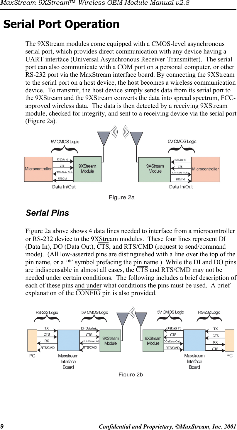 MaxStream 9XStream™ Wireless OEM Module Manual v2.8 9  Confidential and Proprietary, ©MaxStream, Inc. 2001  Serial Port Operation  The 9XStream modules come equipped with a CMOS-level asynchronous serial port, which provides direct communication with any device having a UART interface (Universal Asynchronous Receiver-Transmitter).  The serial port can also communicate with a COM port on a personal computer, or other RS-232 port via the MaxStream interface board. By connecting the 9XStream to the serial port on a host device, the host becomes a wireless communication device.  To transmit, the host device simply sends data from its serial port to the 9XStream and the 9XStream converts the data into spread spectrum, FCC-approved wireless data.  The data is then detected by a receiving 9XStream module, checked for integrity, and sent to a receiving device via the serial port (Figure 2a).  Serial Pins  Figure 2a above shows 4 data lines needed to interface from a microcontroller or RS-232 device to the 9XStream modules.  These four lines represent DI (Data In), DO (Data Out), CTS, and RTS/CMD (request to send/command mode).  (All low-asserted pins are distinguished with a line over the top of the pin name, or a ‘*’ symbol prefacing the pin name.)  While the DI and DO pins are indispensable in almost all cases, the CTS and RTS/CMD may not be needed under certain conditions.  The following includes a brief description of each of these pins and under what conditions the pins must be used.  A brief explanation of the CONFIG pin is also provided.   